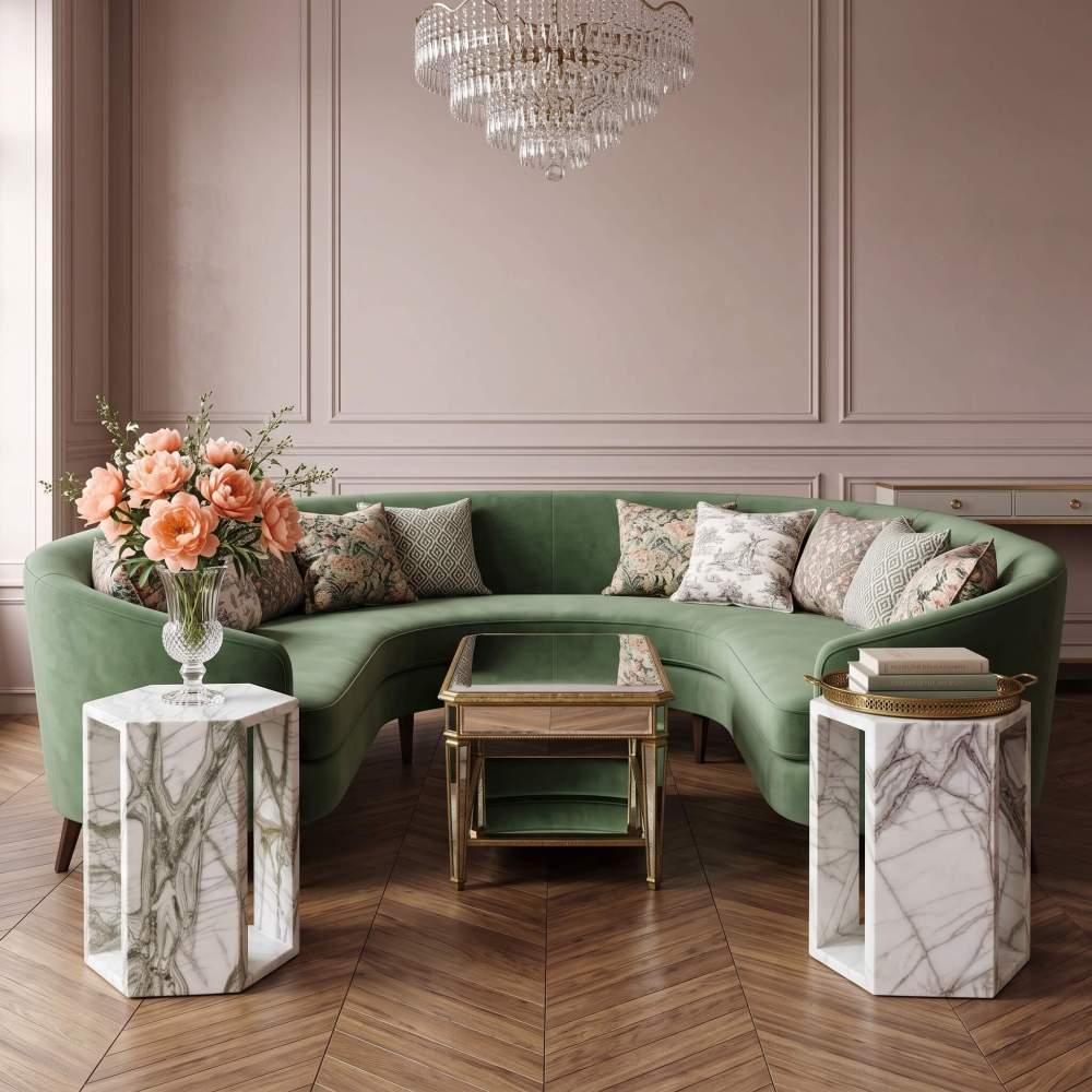 Pair of Arboris White marble hexagon side tables flanking a curved green velvet sofa in a formal salon.