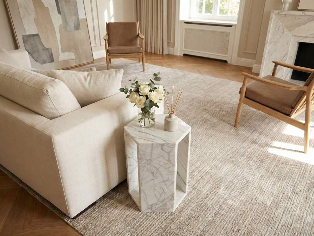 Arboris White polished marble hexagonal end table holding a flower vase near a living room fireplace.