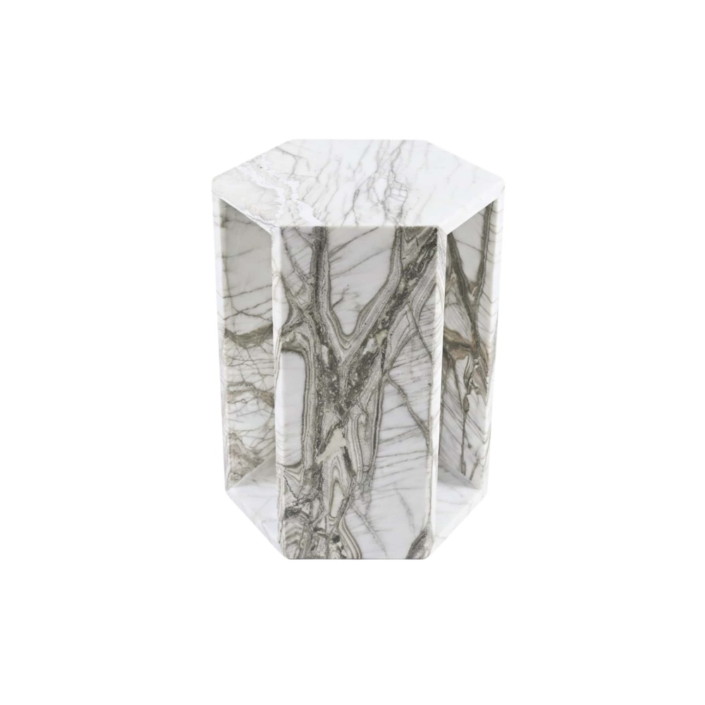 Arboris White natural marble hexagon side table with polished finish and dramatic natural veining.