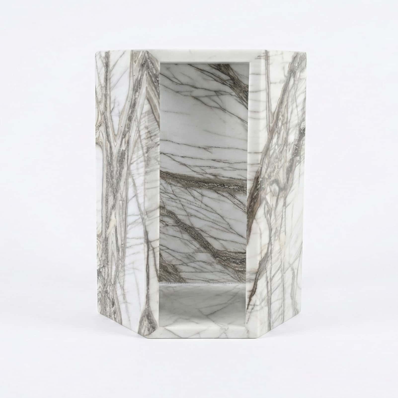 Arboris White natural marble pedestal nightstand showcasing open interior passthrough and dark veining.
