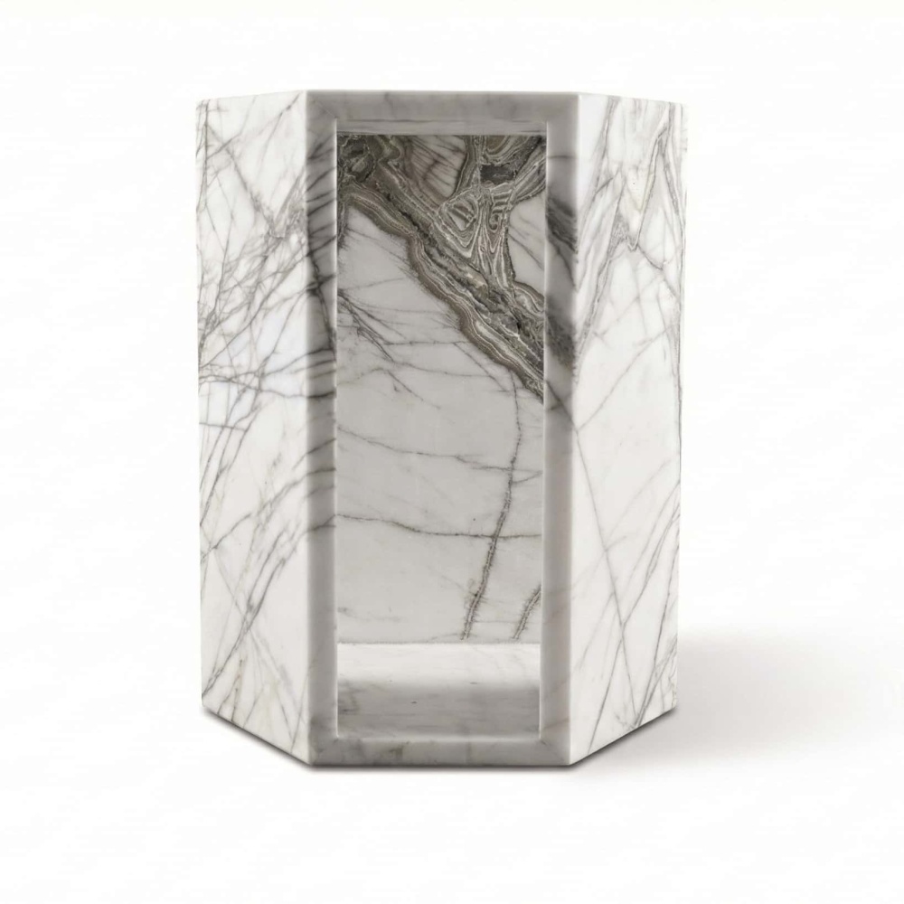 Geometric Arboris White marble end table featuring open hollow architectural column and polished finish.
