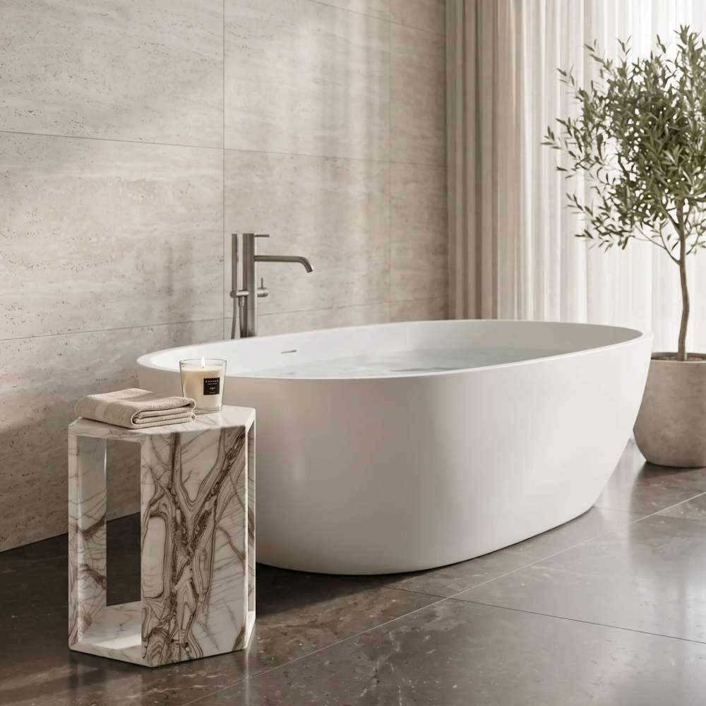 Polished Arboris White marble hexagonal drinks table placed beside a freestanding bathtub in a luxury spa bathroom.