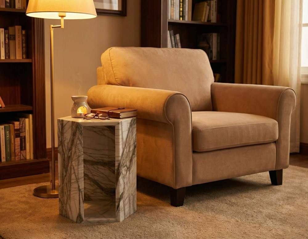 Arboris White marble hexagon pedestal end table in a cozy dimly lit study reading nook with books.