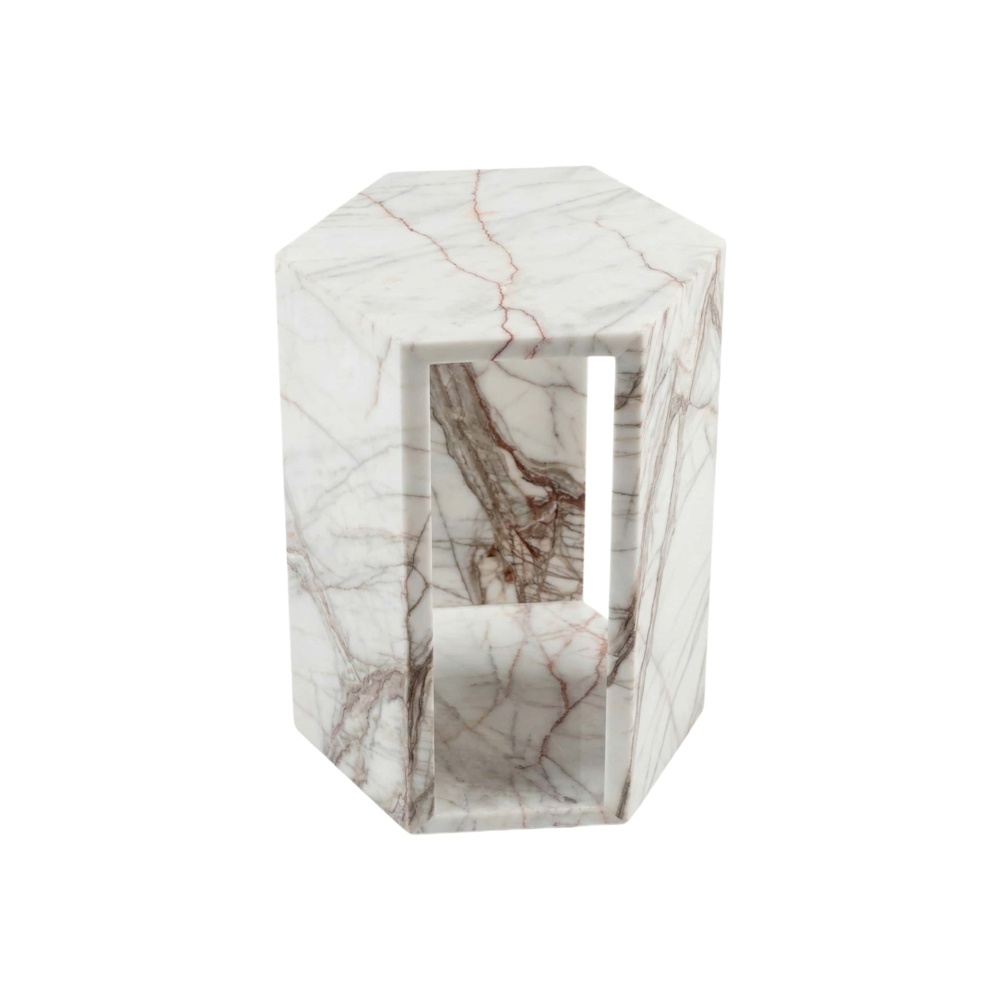 Arboris White polished marble pedestal side table highlighting unique warm tone veining and hollow design.