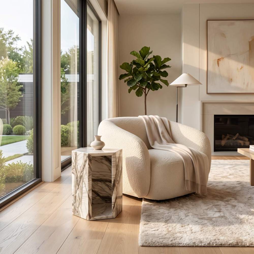 Polished Arboris White marble hexagon end table beside a curved lounge chair by floor-to-ceiling glass.