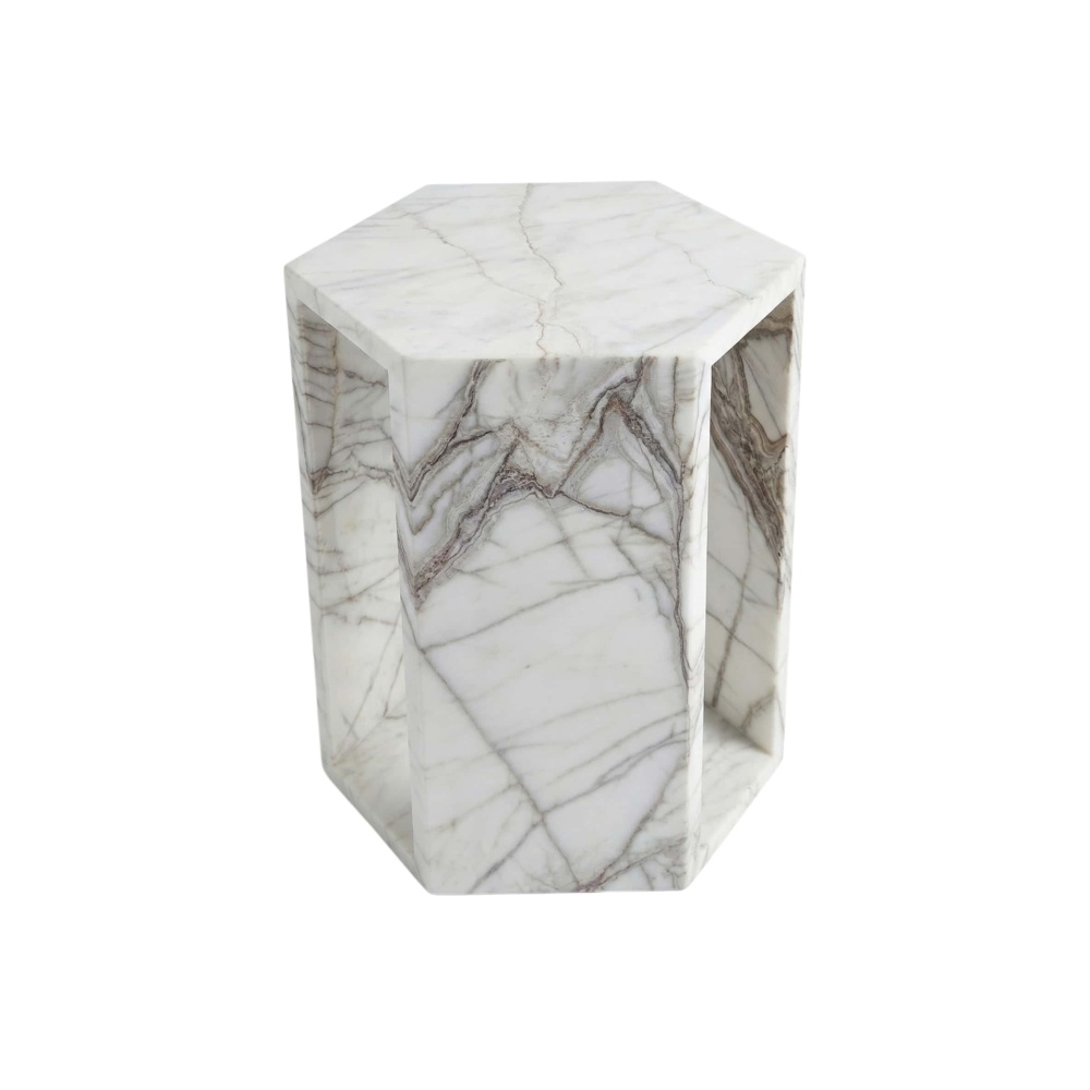 Polished Arboris White marble hexagonal end table displaying smooth top surface and natural stone veining.