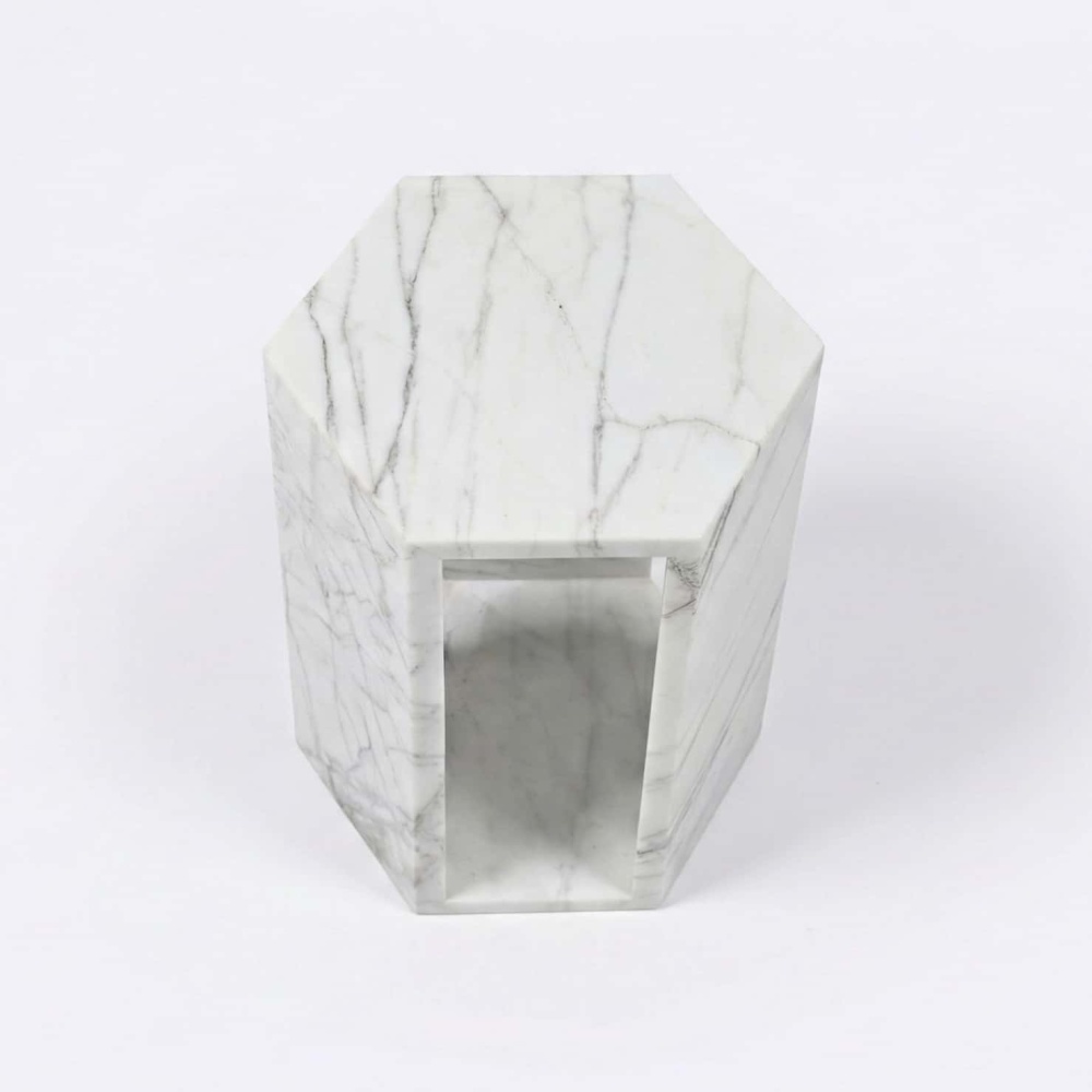 Top-down view of Arboris White natural marble hexagon side table with polished surface and fine veining.