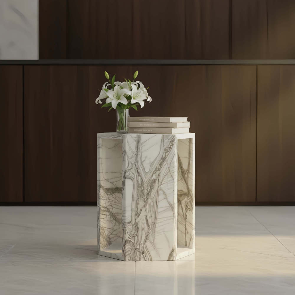Arboris White marble hexagon side table styled with white lilies and art books in a modern wood-paneled room.