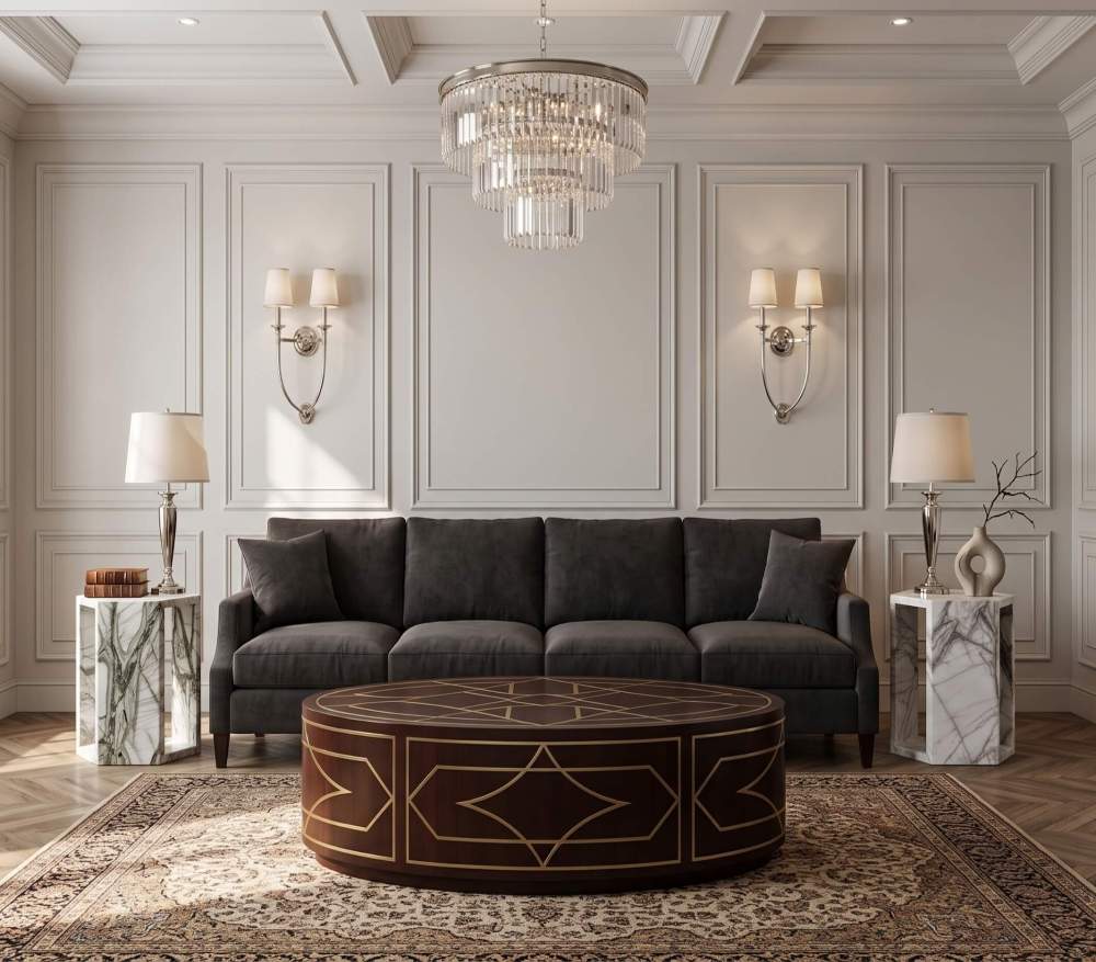 Pair of Arboris White marble hexagon side tables flanking a sofa in a formal traditional living room with wall molding.