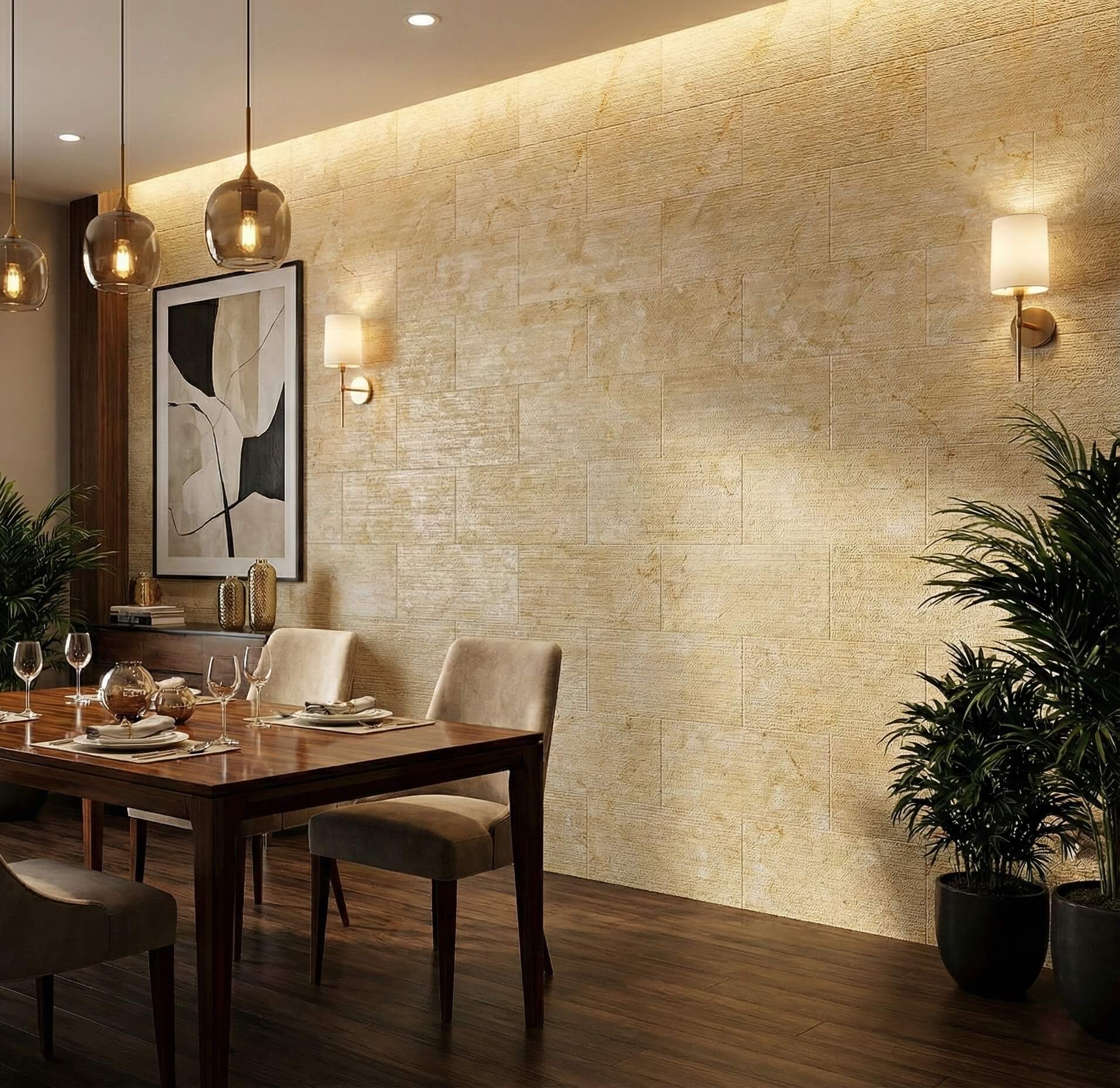 Sophisticated dining room featuring a full accent feature wall clad in Amber Gold 3D fluted natural marble tiles.