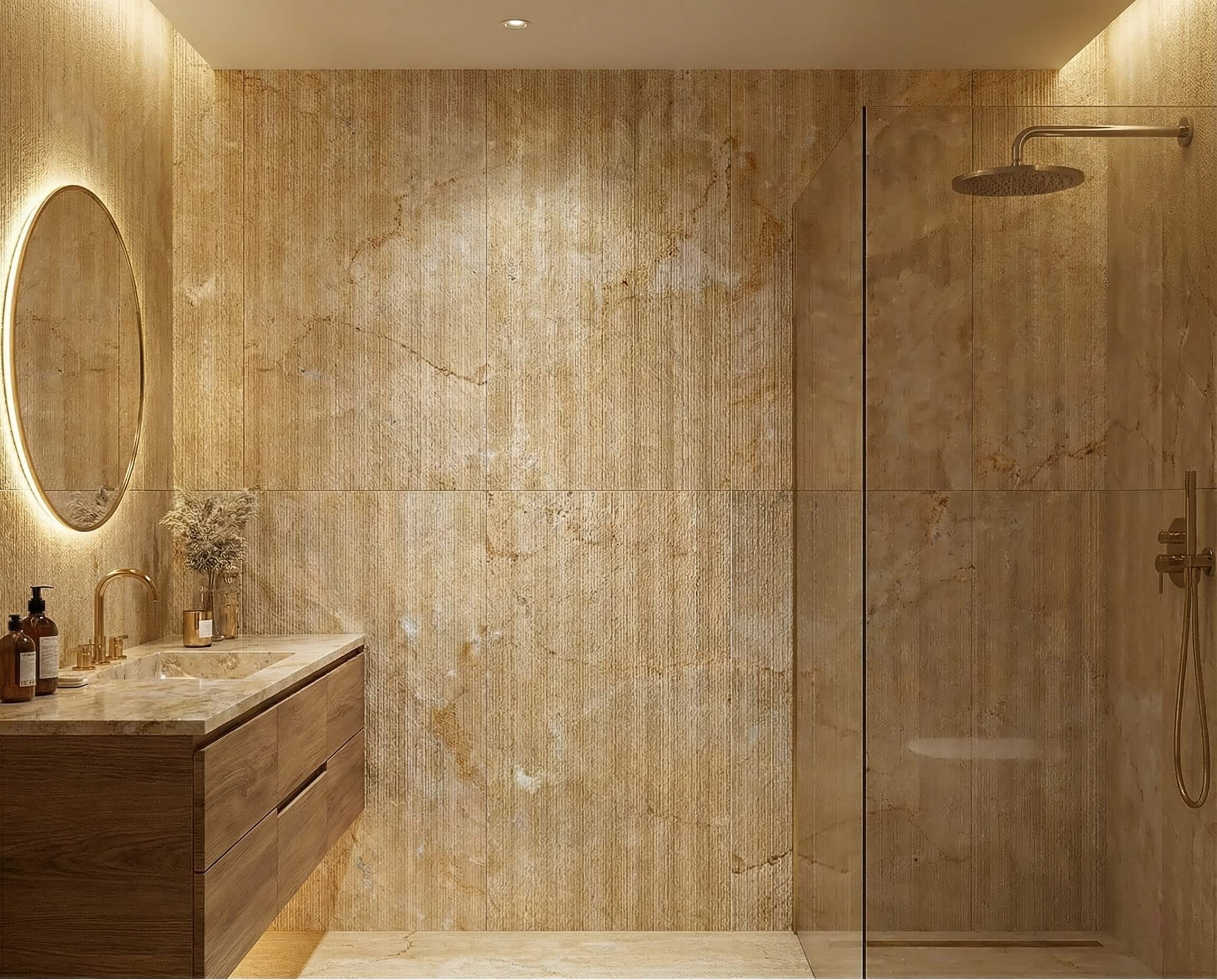 Contemporary spa bathroom with wall-to-wall Amber Gold fluted natural marble tiles and a floating wooden vanity set.