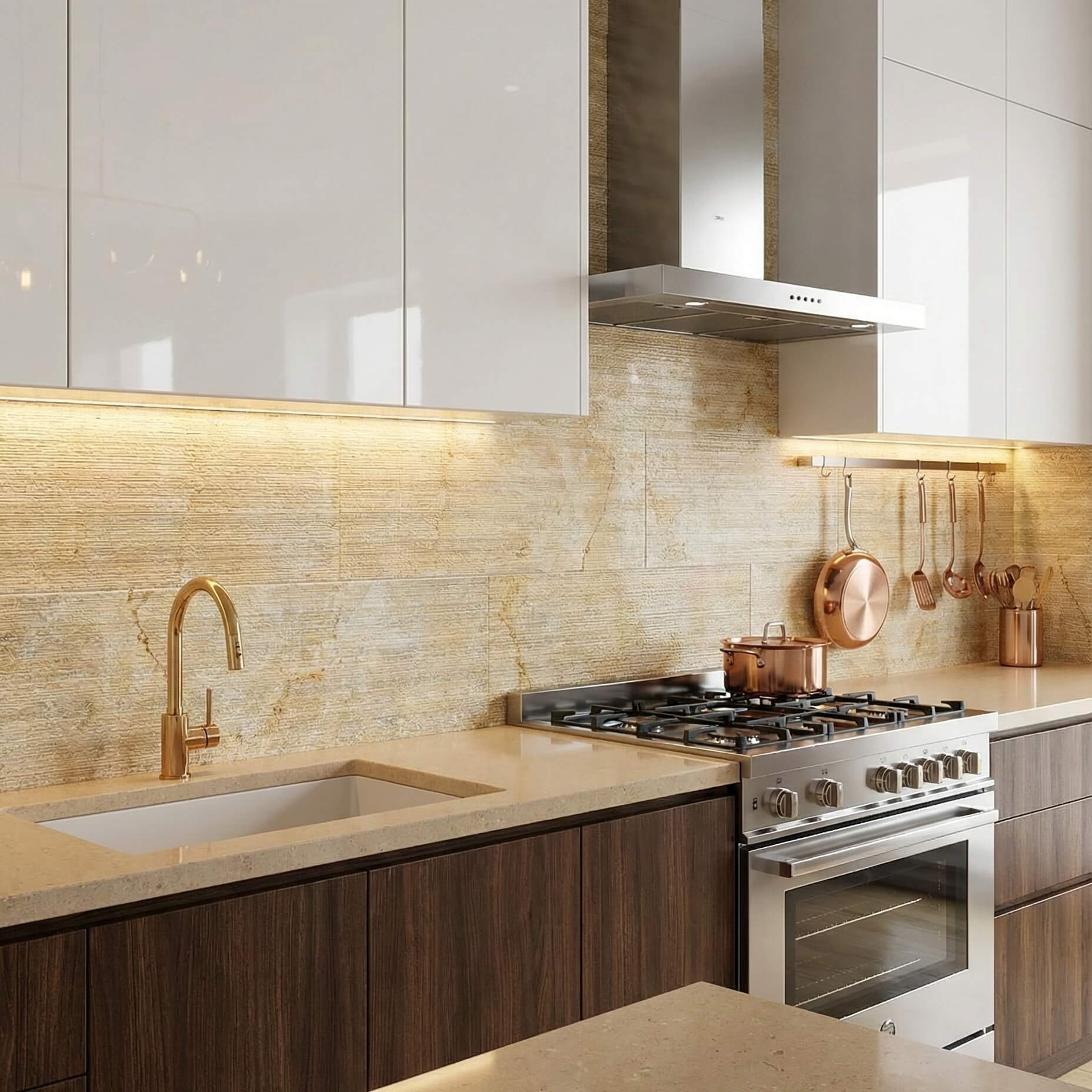 High-end kitchen range and stove backsplash clad in warm Amber Gold 3D fluted natural marble wall tiles with brass fixture.