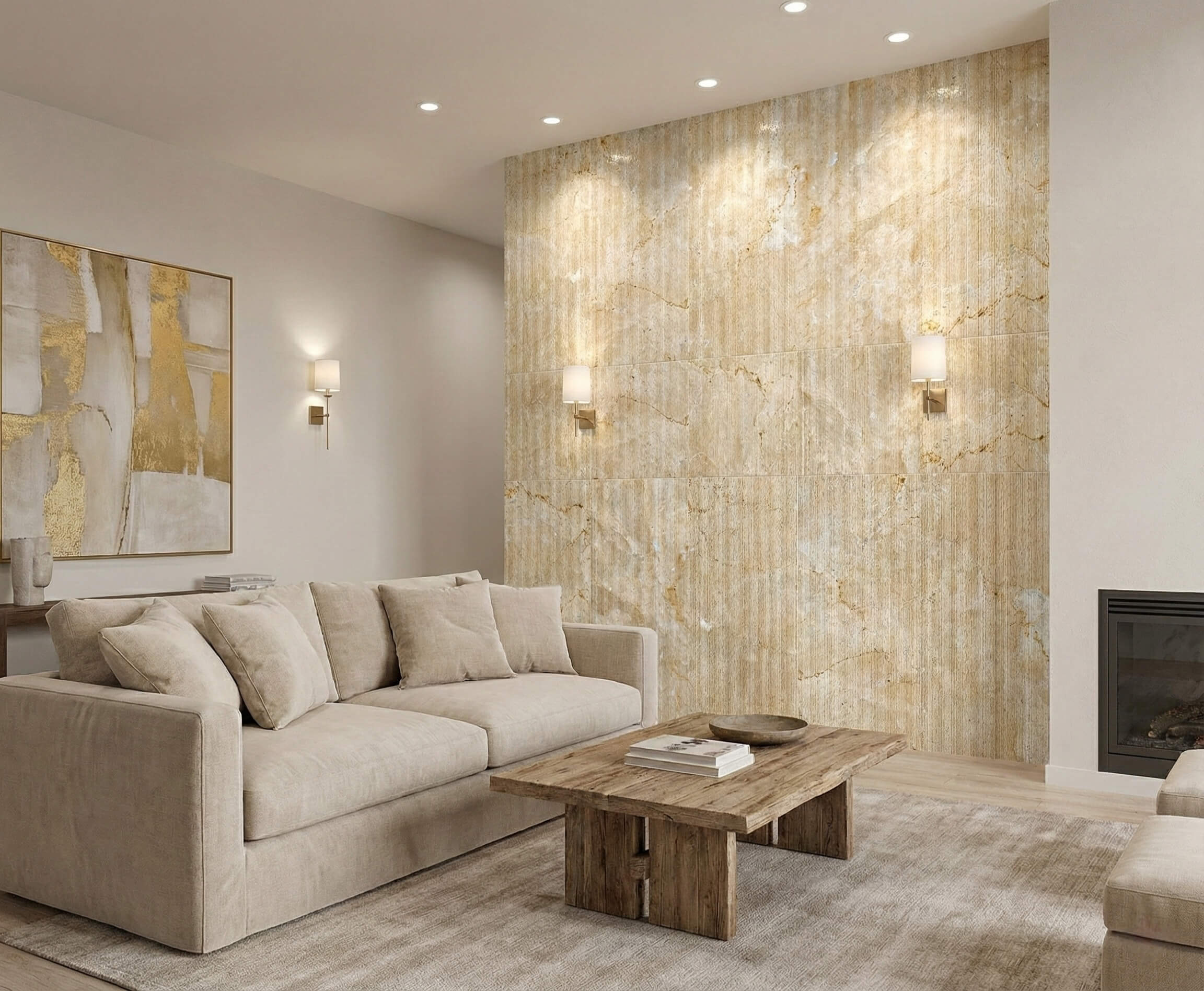 Amber Gold 3D fluted marble wall tiles installed as an accent feature wall in a luxury modern living room setting.