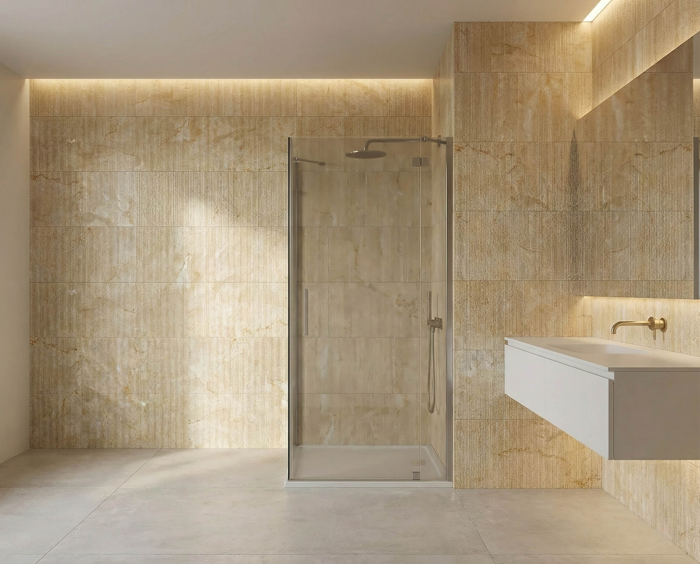 Modern minimalist bathroom featuring Amber Gold 3D fluted natural marble wall tiles around a glass shower enclosure.