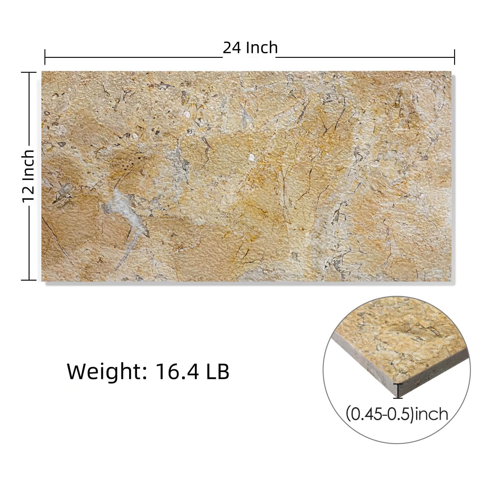 Dimension diagram for 12x24 Amber Gold marble tile specifying 0.5-inch thickness and 16.4 lb weight per natural tile.