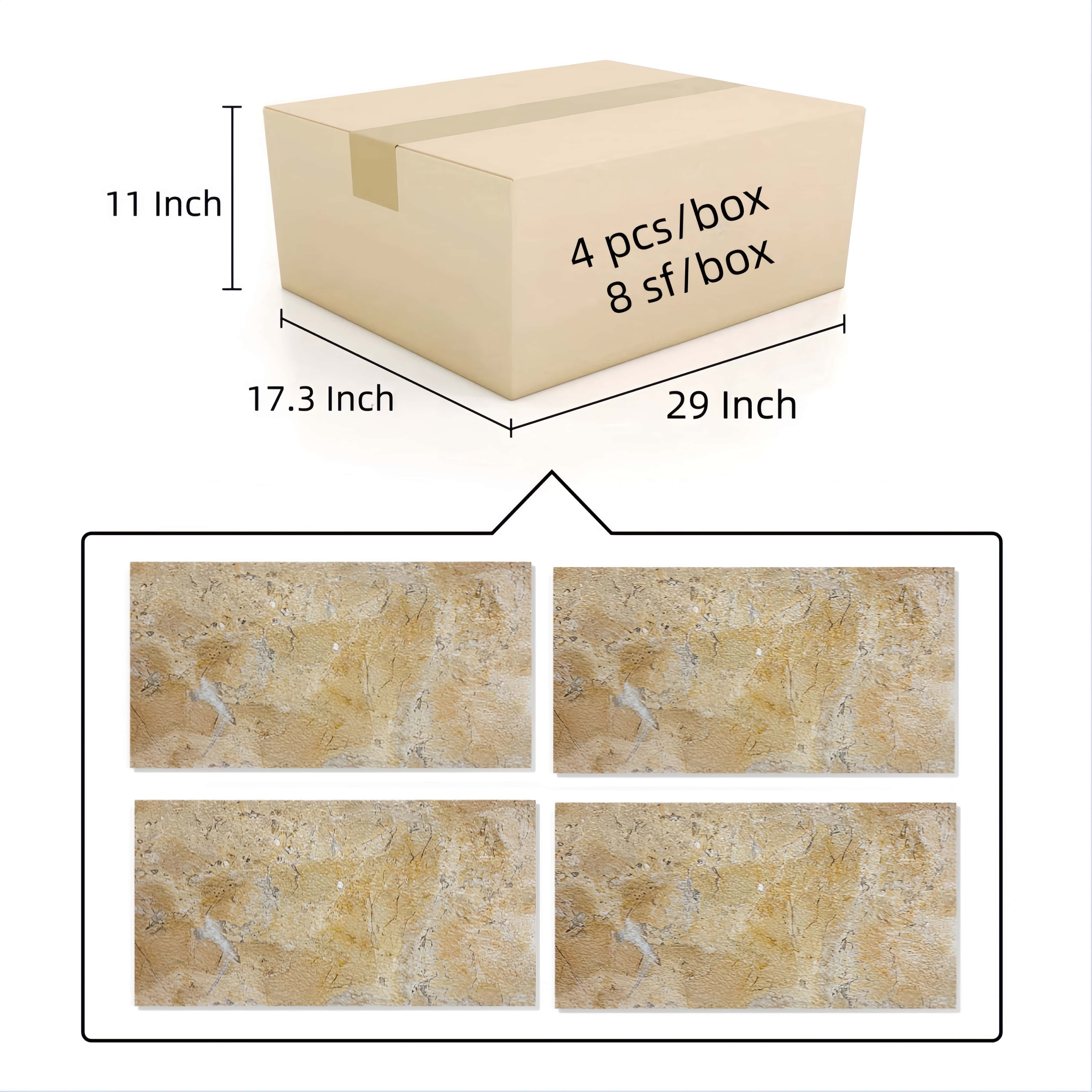Packaging box specification diagram for Amber Gold marble tiles indicating 4 pieces and 8 square feet coverage per box.