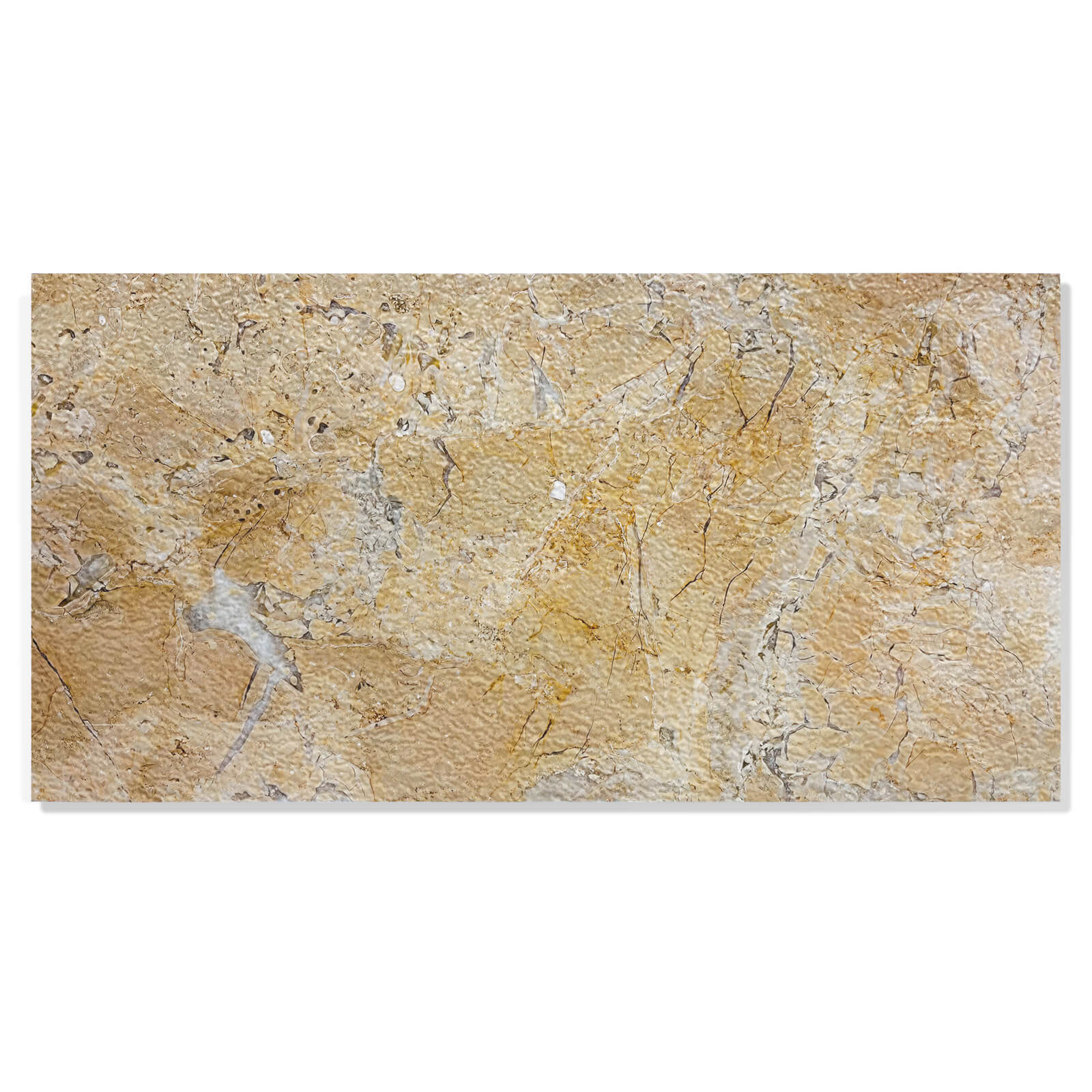 Front view of a 12x24 Amber Gold natural marble tile showing warm beige tones, intricate veining, and leathered texture.