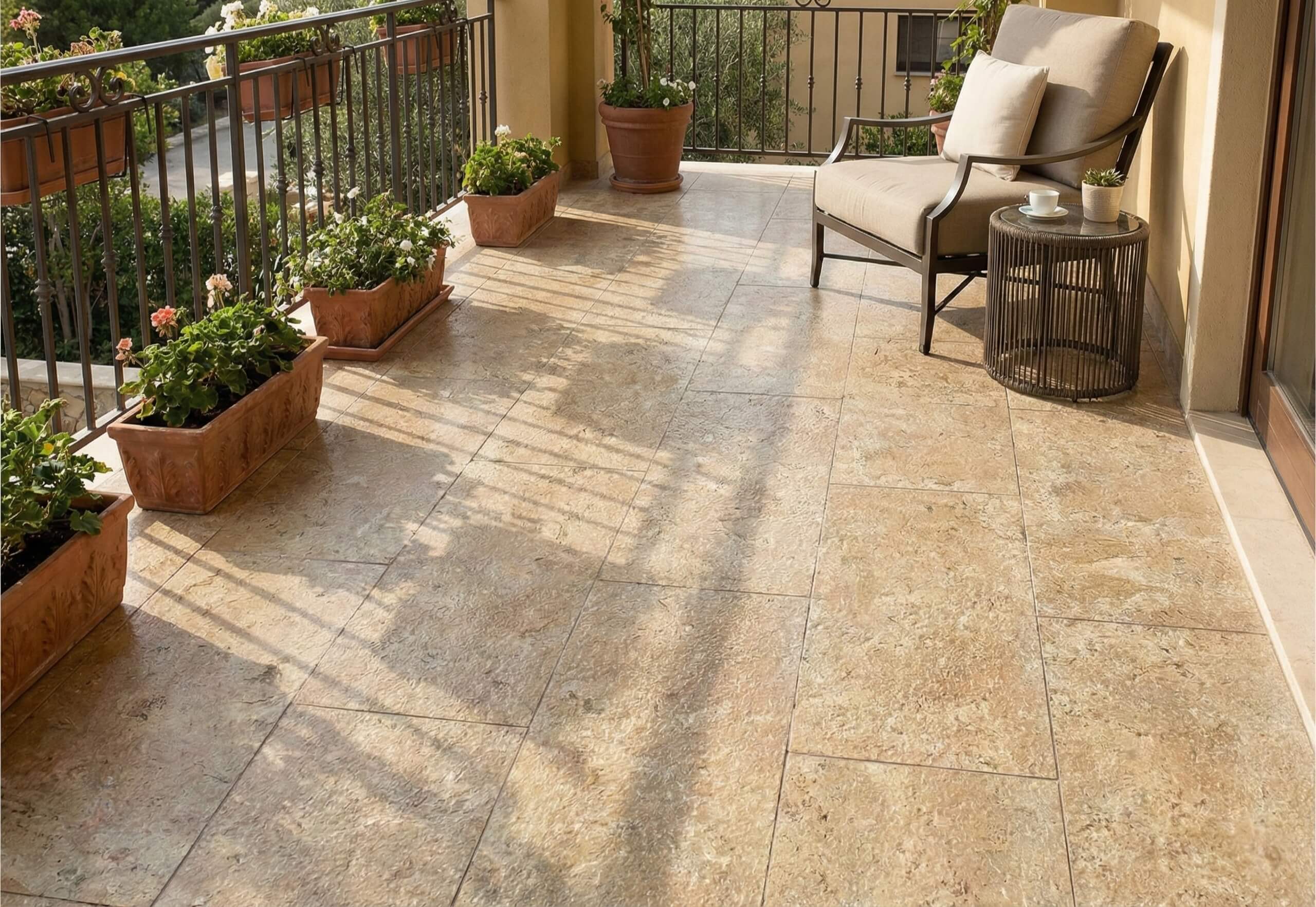 Covered balcony patio floor installed with Amber Gold leathered marble tiles featuring non-slip tactile texture.