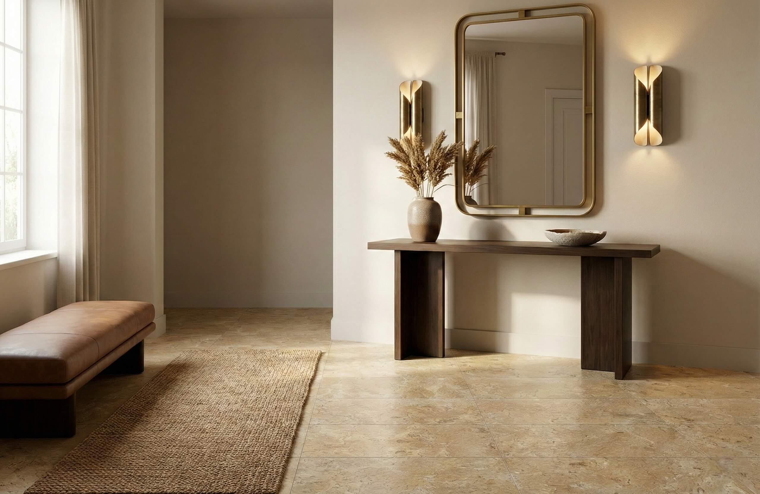 Residential entryway foyer floor featuring Amber Gold leathered marble tiles under soft ambient lighting and console.