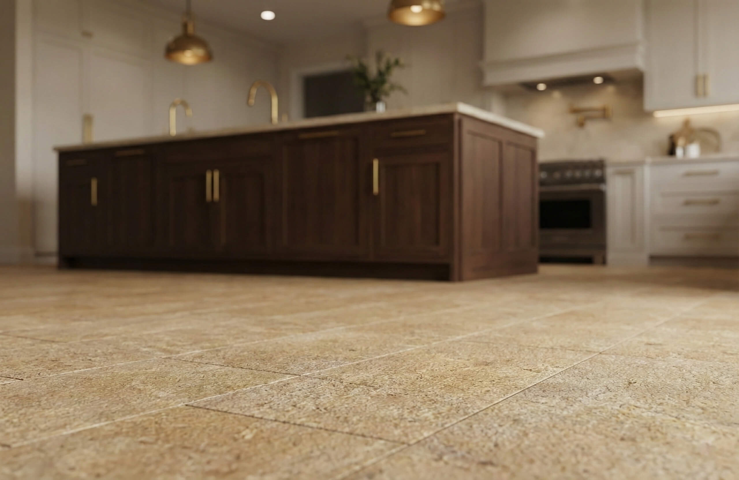 Low-angle view of a modern luxury kitchen floor paved with Amber Gold leathered marble tiles with dark island.