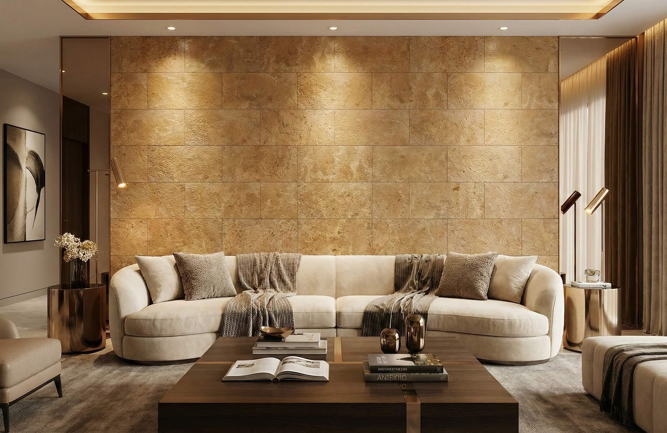Elegantly lit living room feature wall clad in Amber Gold leathered marble tiles behind a contemporary beige sofa.