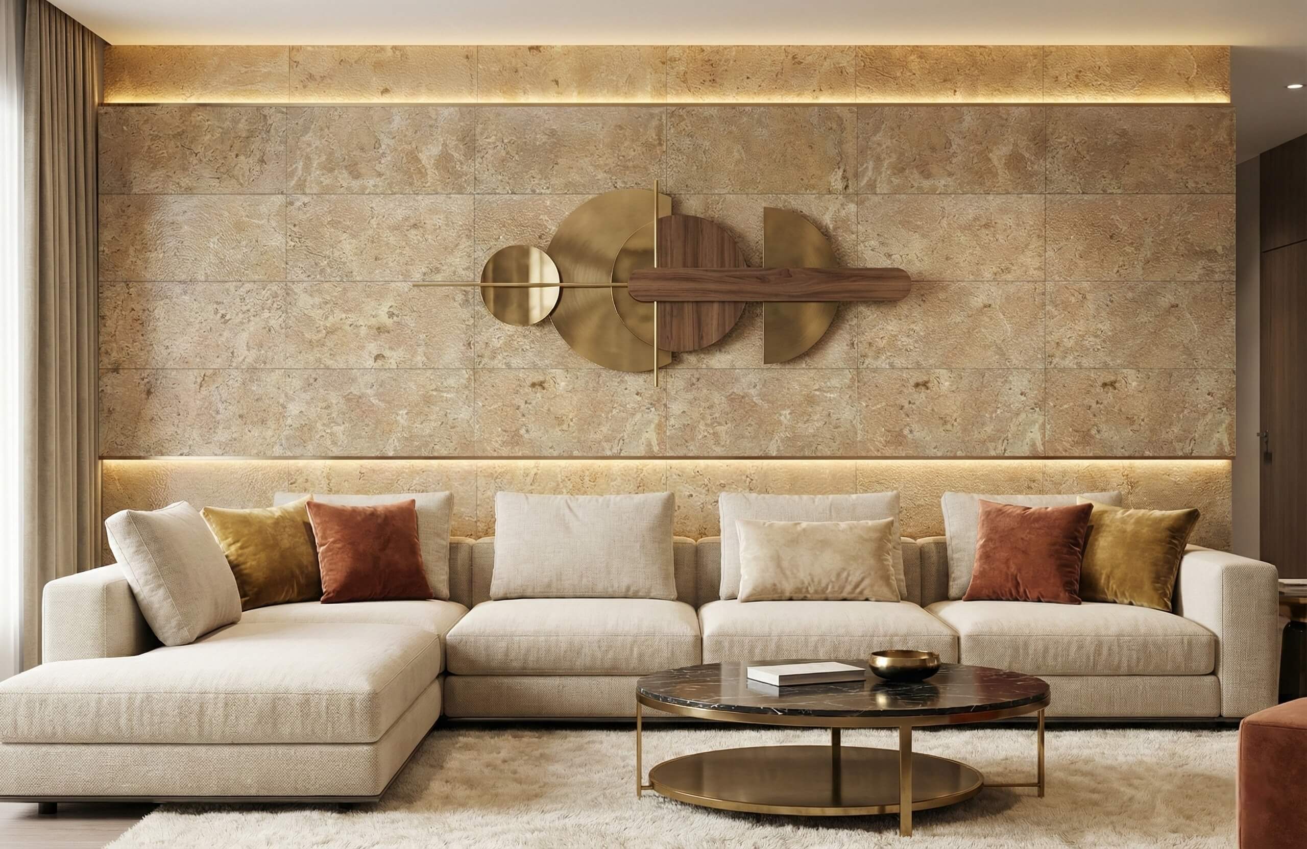 Modern living room feature wall clad in Amber Gold leathered marble tiles highlighted by warm LED cove lighting.