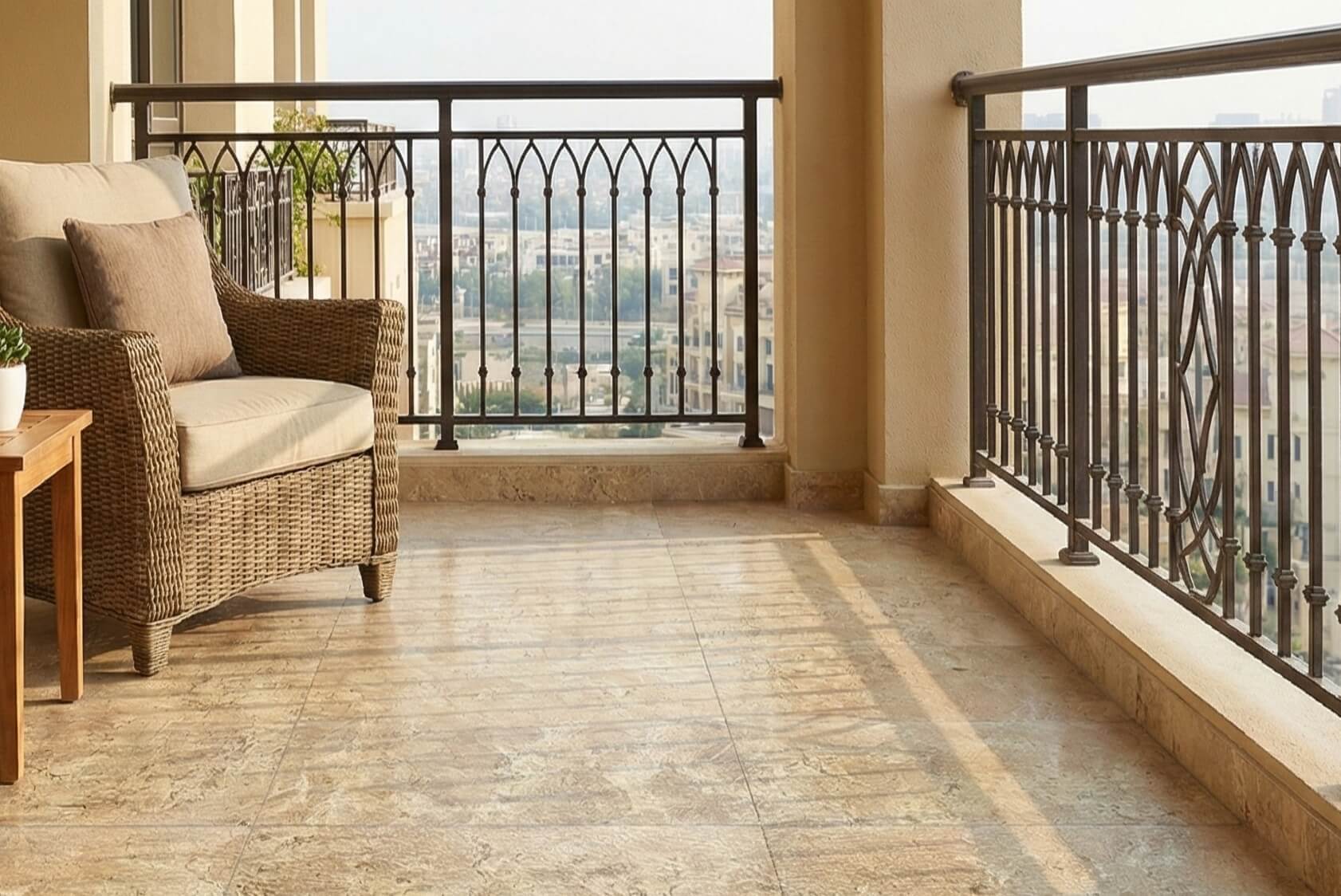 Covered patio balcony flooring featuring 12x24 Amber Gold leathered natural marble tiles with non-slip textured finish.