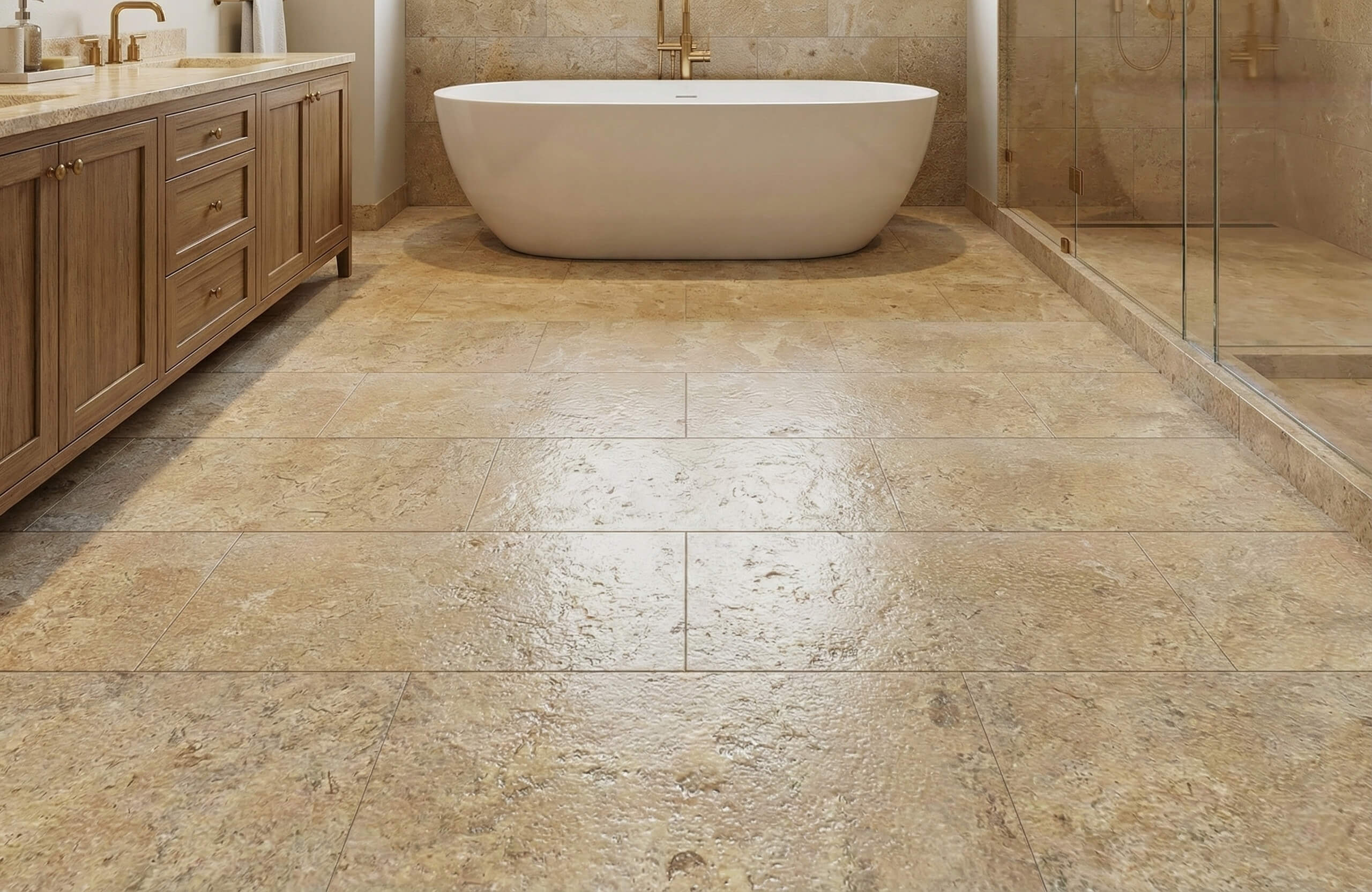 Master bathroom floor installed with Amber Gold leathered marble tiles featuring warm beige tones under natural lighting.