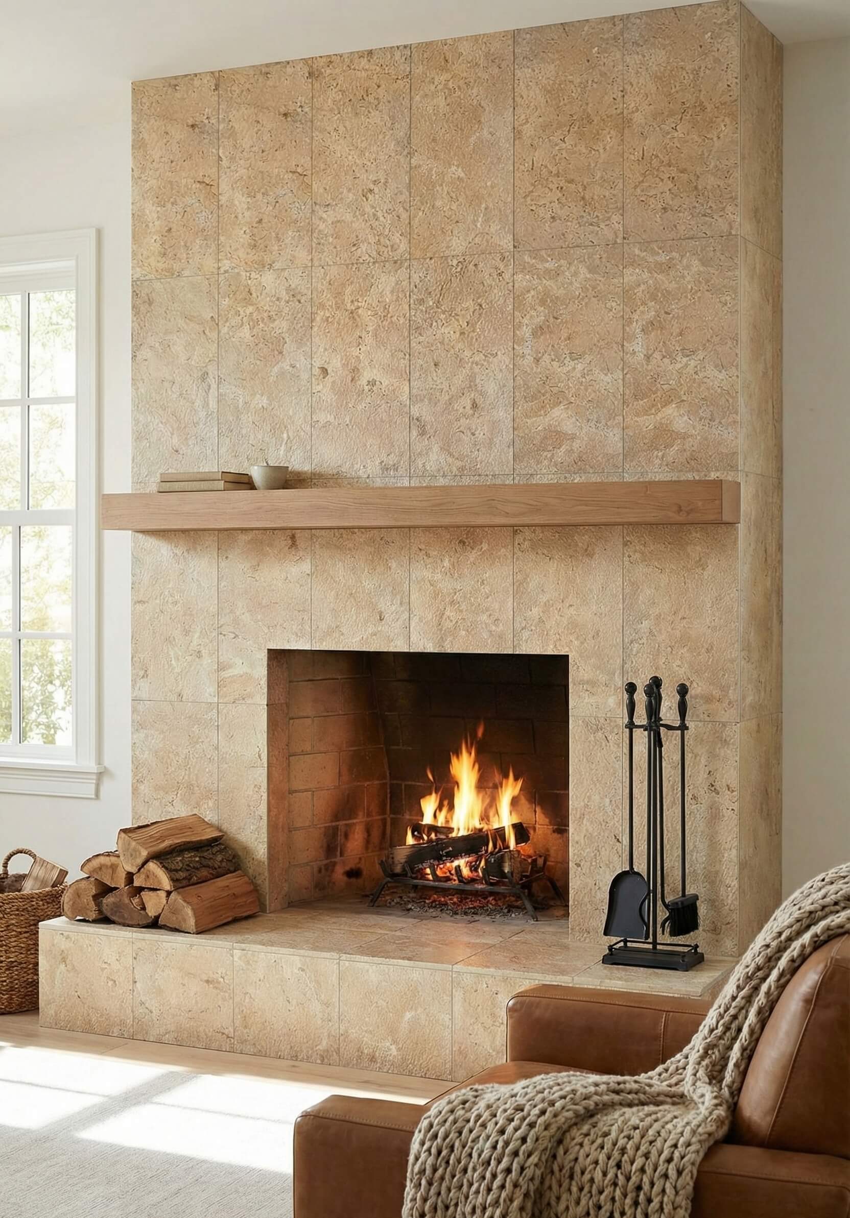 Floor-to-ceiling fireplace accent wall clad in 12x24 Amber Gold leathered natural marble tiles with subtle veining.