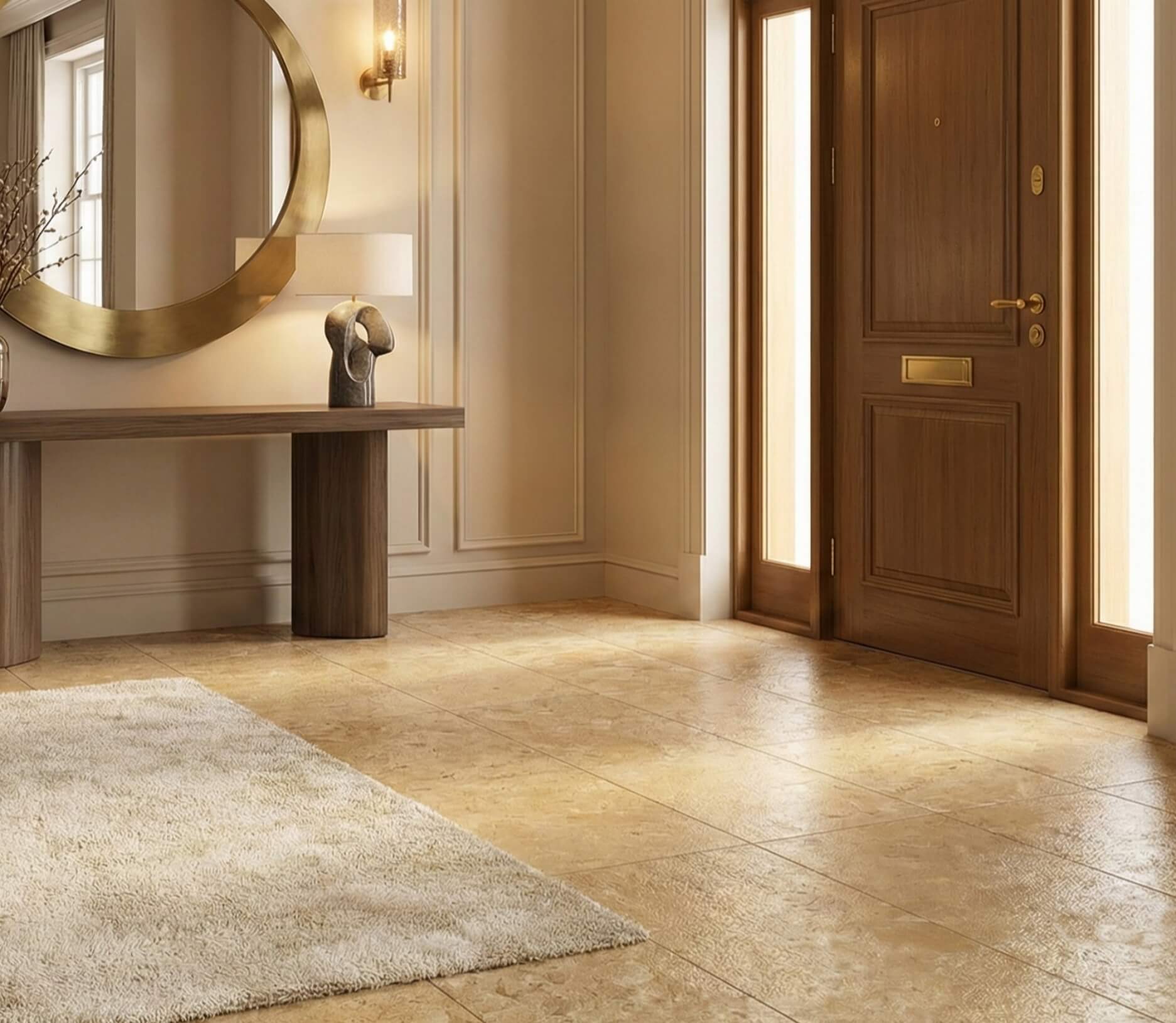 Elegantly illuminated home entryway foyer floor featuring 12x24 Amber Gold leathered marble tiles and wooden door.
