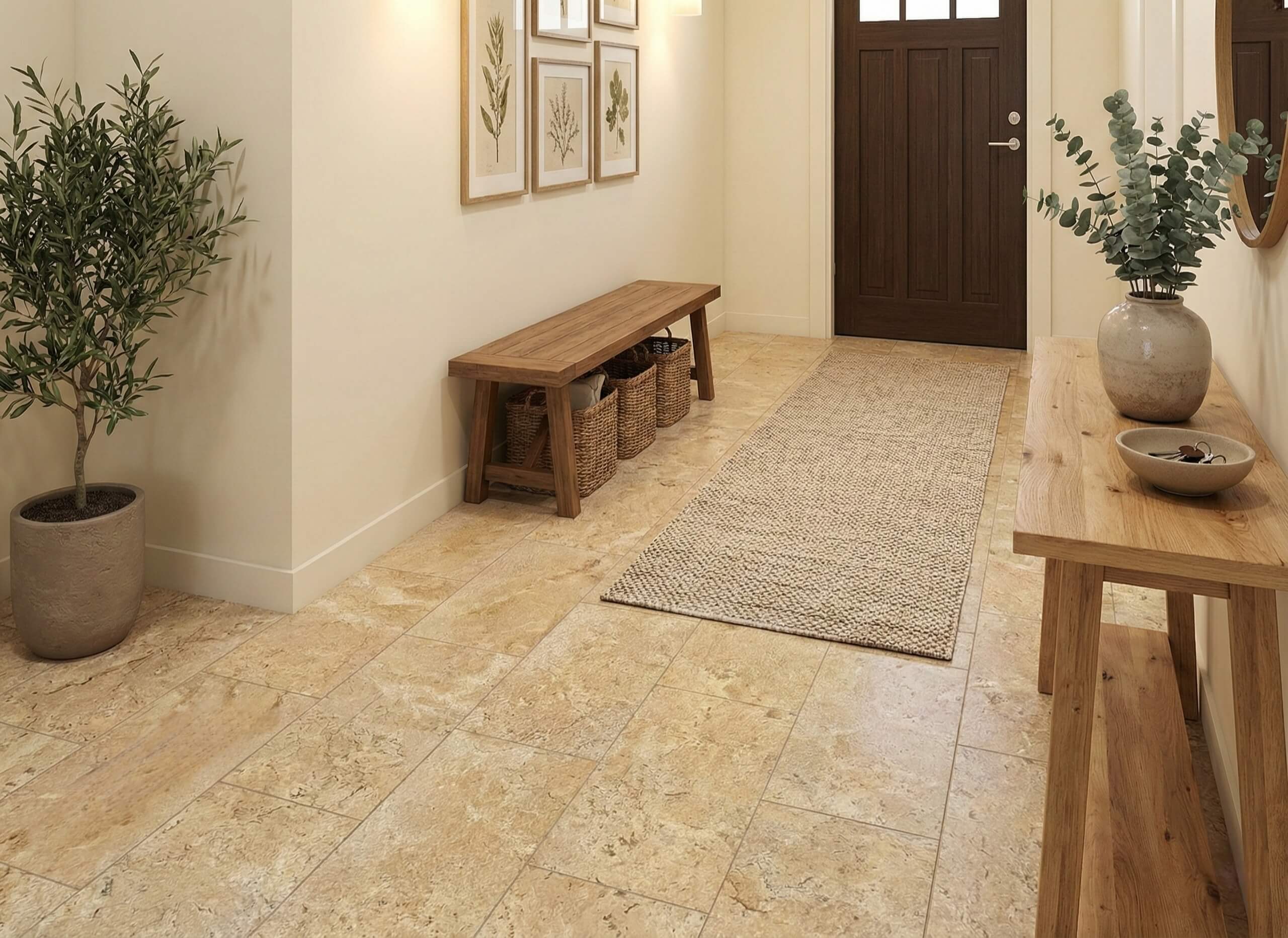 Residential hallway floor paved with Amber Gold leathered natural marble tiles running toward a dark wood front door.