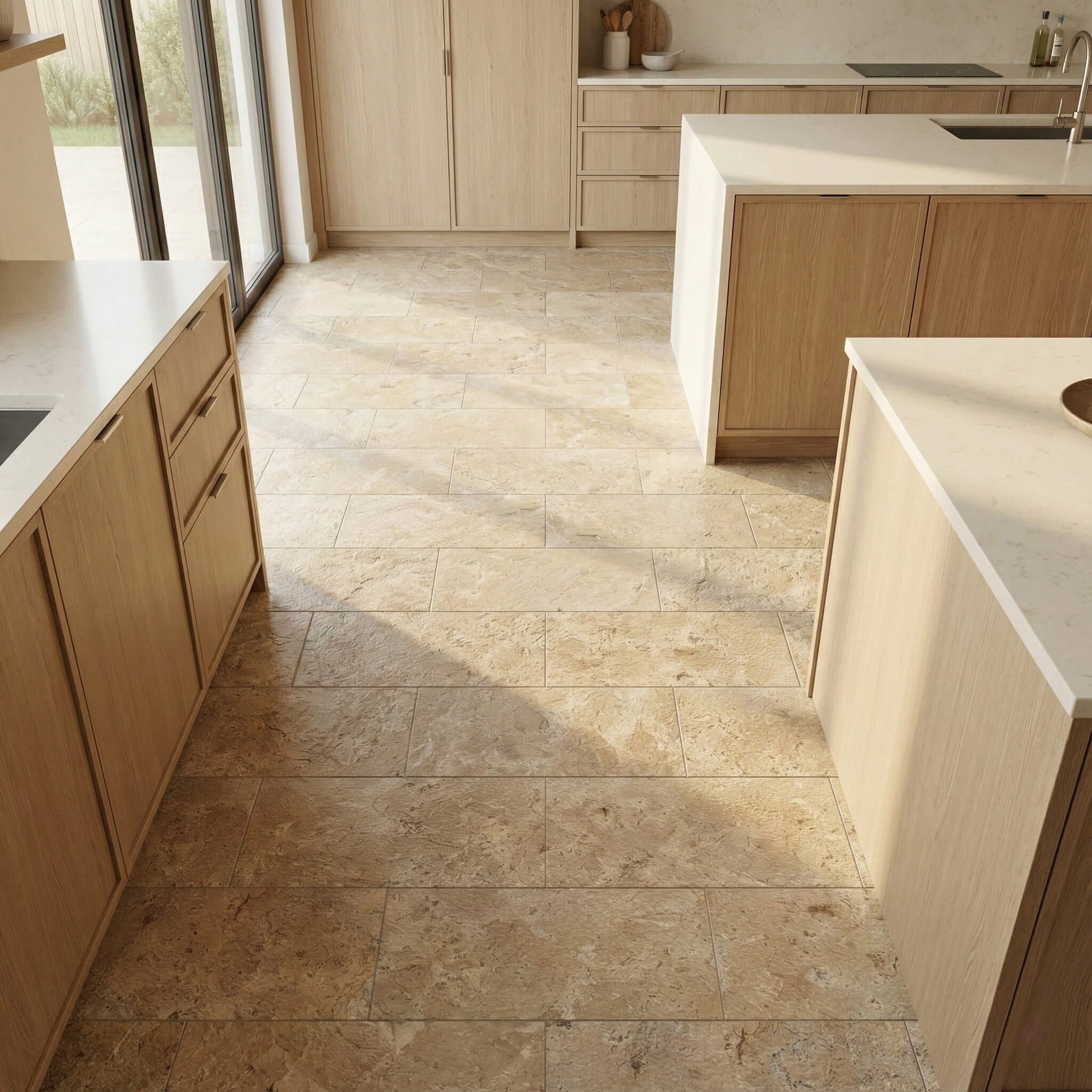 Spacious modern kitchen floor paved with 12x24 Amber Gold leathered marble tiles paired with warm oak cabinetry.