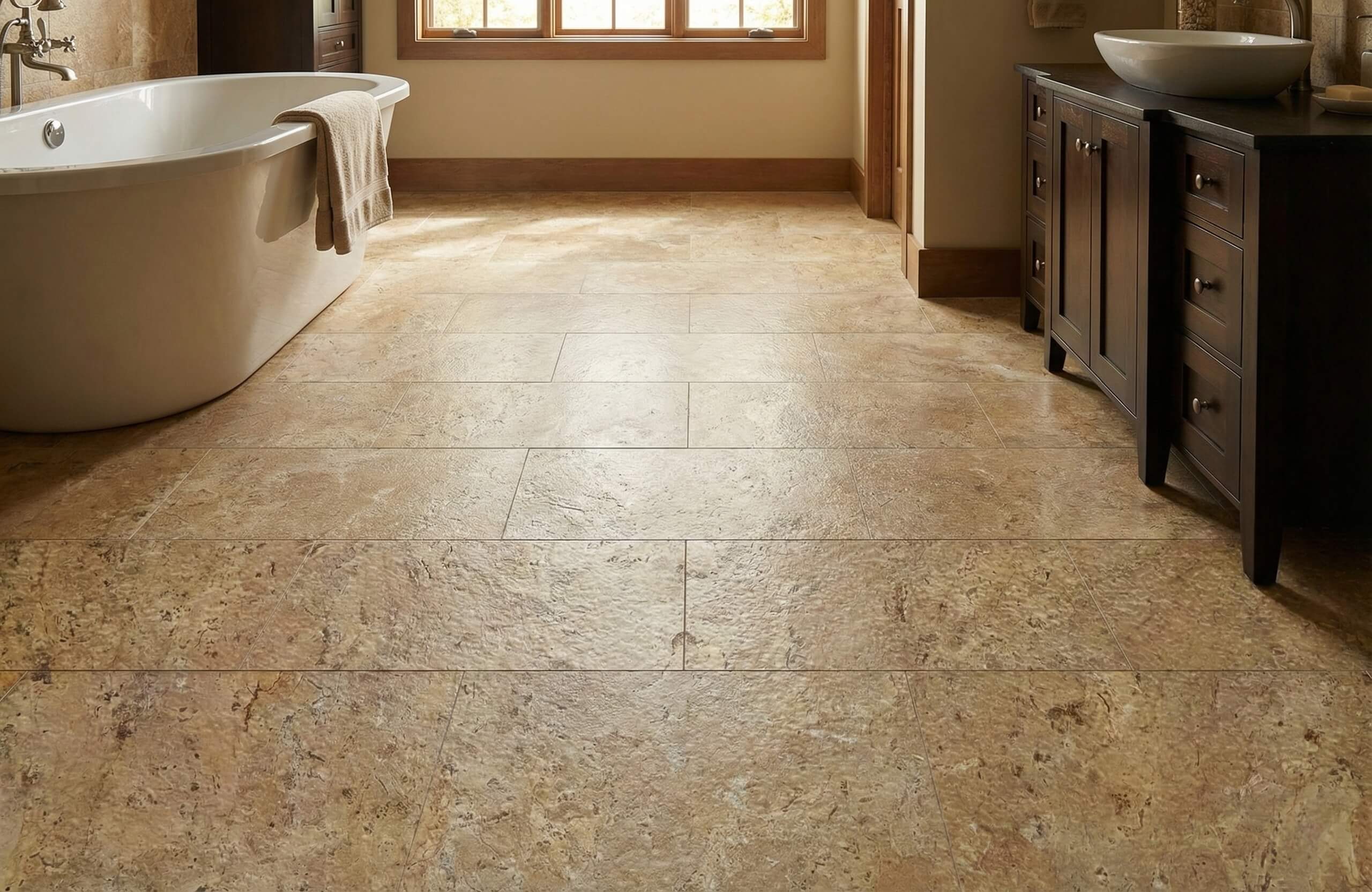 Luxury bathroom floor surrounding a freestanding tub paved with warm beige Amber Gold leathered natural marble tiles.