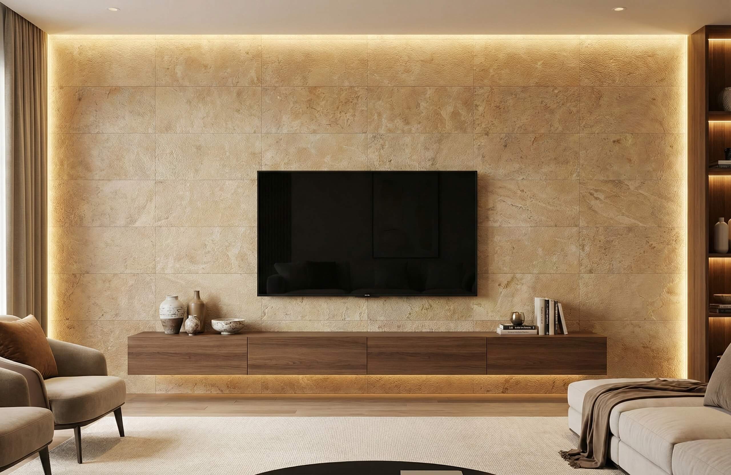 Living room TV feature wall clad in 12x24 Amber Gold leathered marble tiles highlighted by warm integrated lighting.