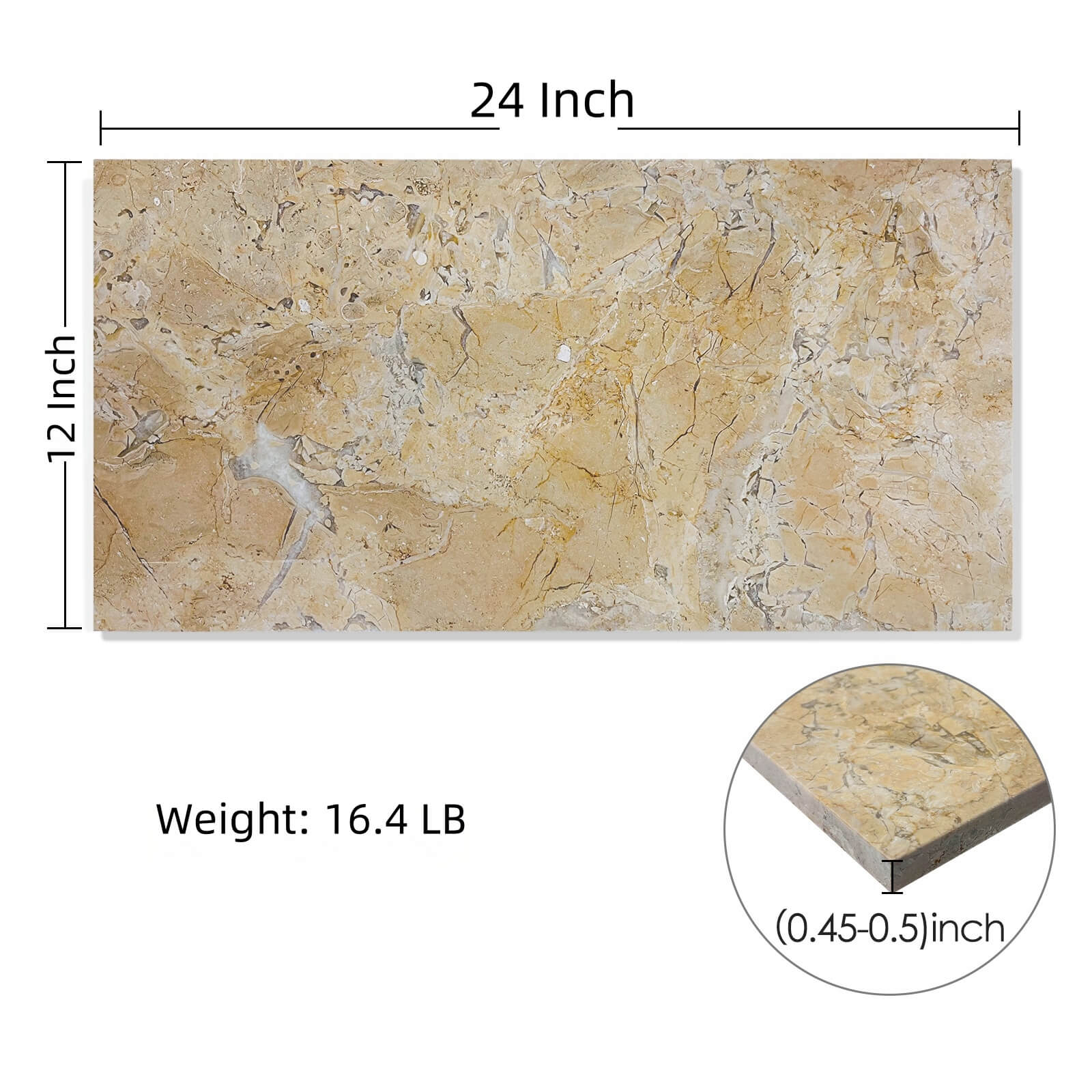 Specification image for 12x24 inch Amber Gold honed marble tile, detailing dimensions, 16.4 lb weight, and thickness.