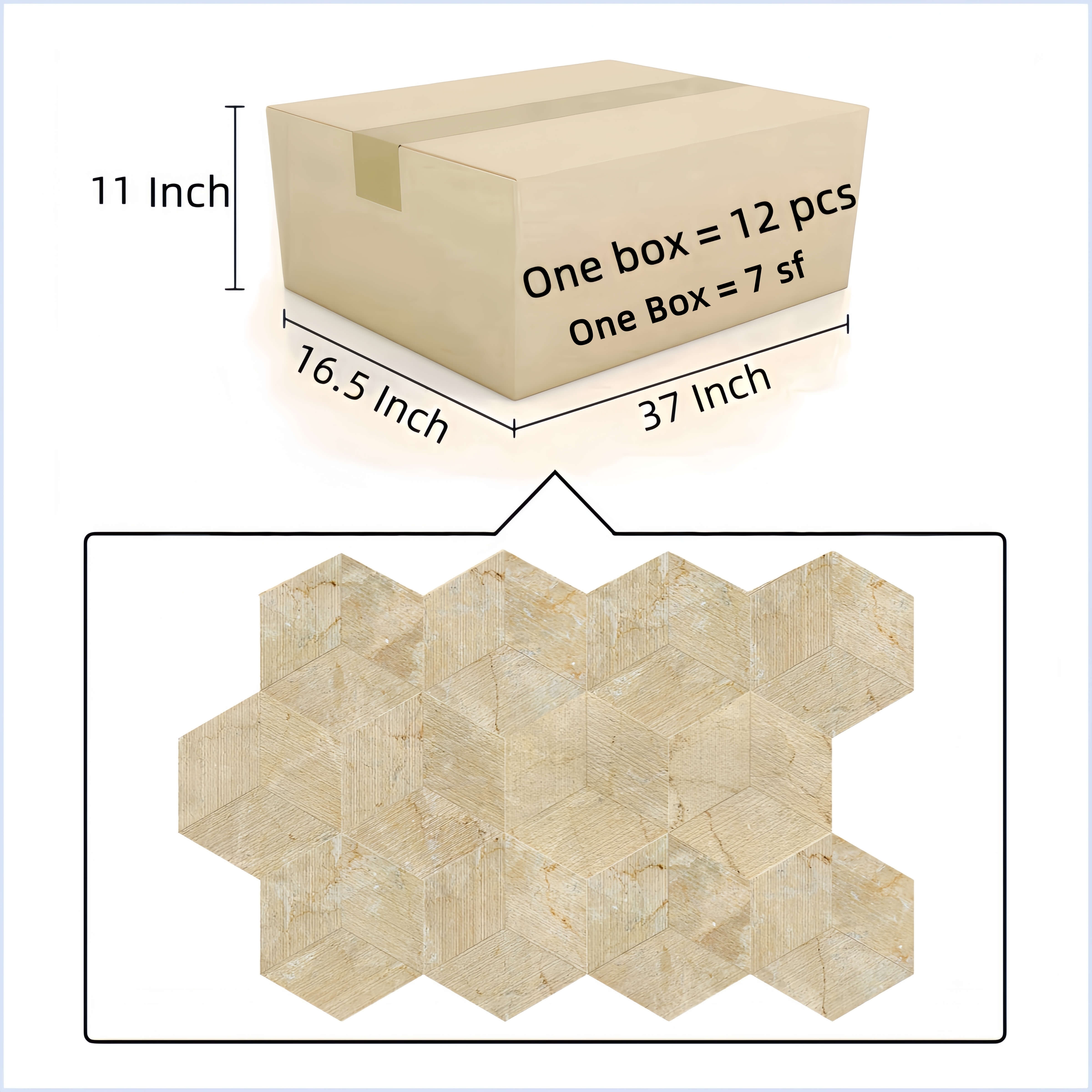 Packaging diagram for Amber Gold natural marble hexagon tiles specifying 12 pieces covering 7 square feet per box.
