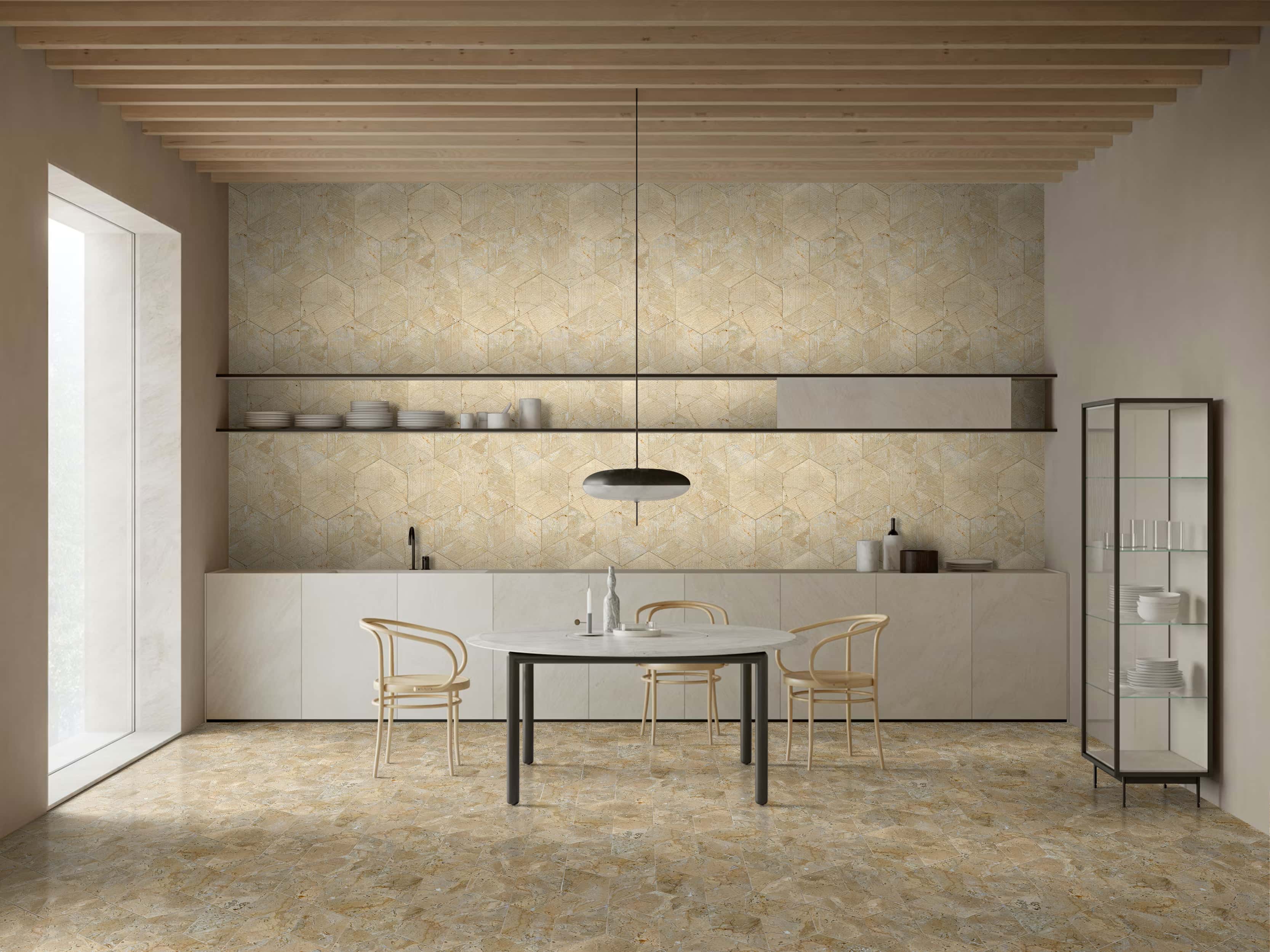 Amber Gold 3D fluted hexagon wall tiles combined with matching Amber Gold polished hexagon floor tiles in a dining room.