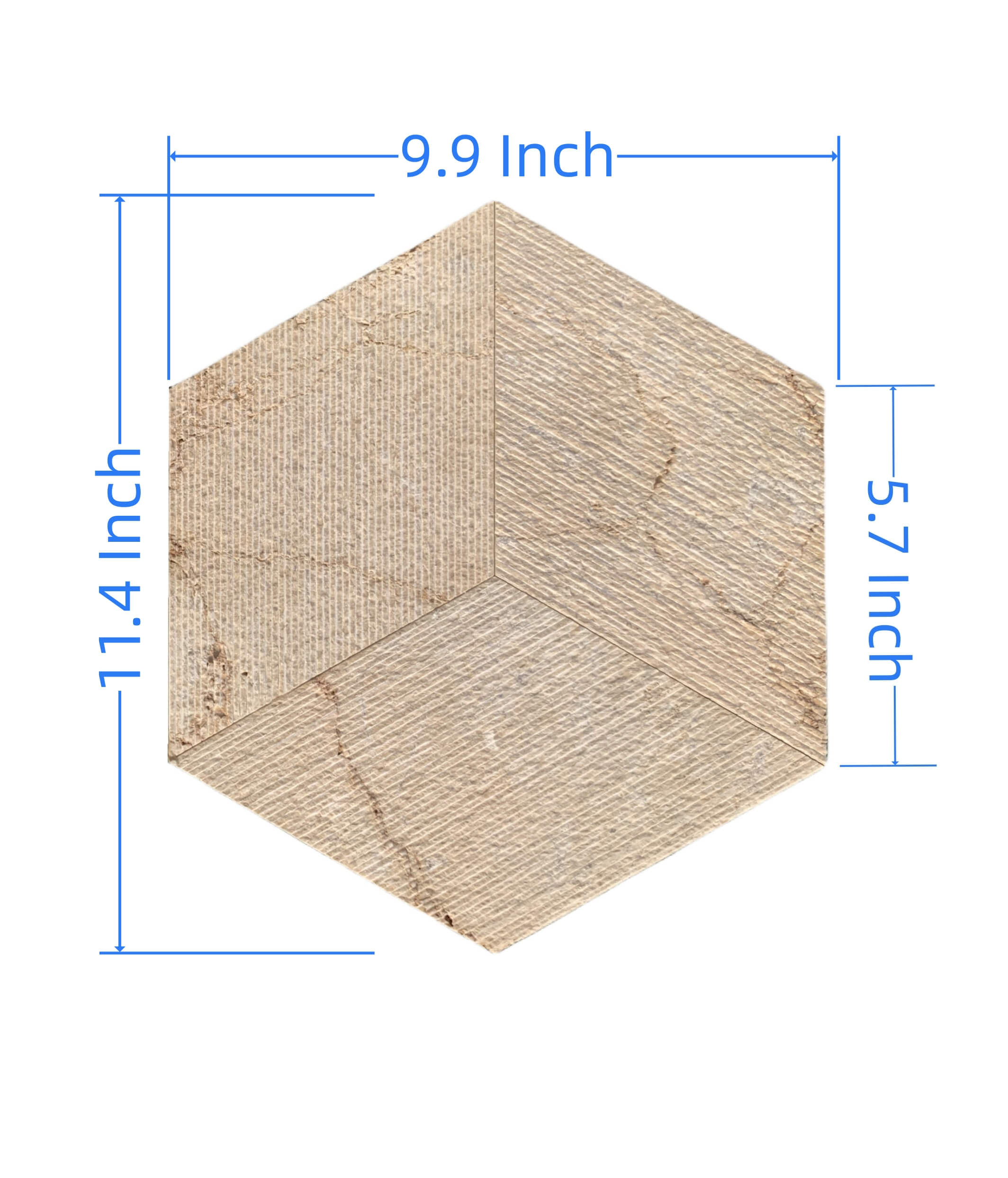 Dimension diagram of Amber Gold natural marble hexagon tile measuring 11.4 inches tall, 9.9 inches wide, and 5.7 inch sides.