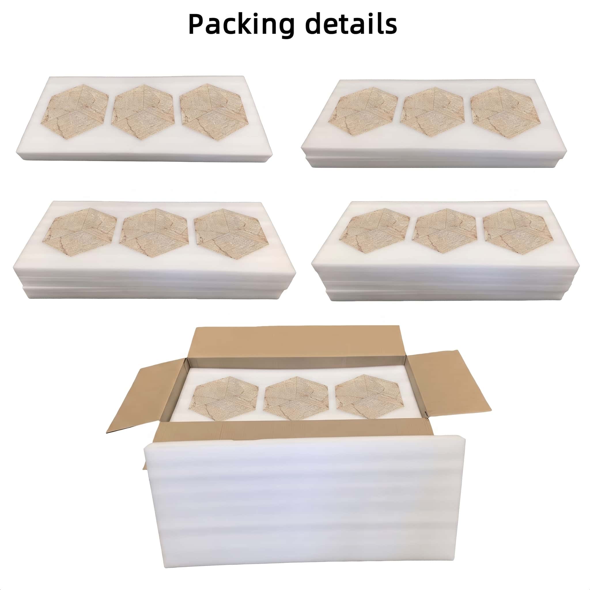 Internal packaging details showing custom high-density protective foam layers enclosing Amber Gold natural marble tiles.