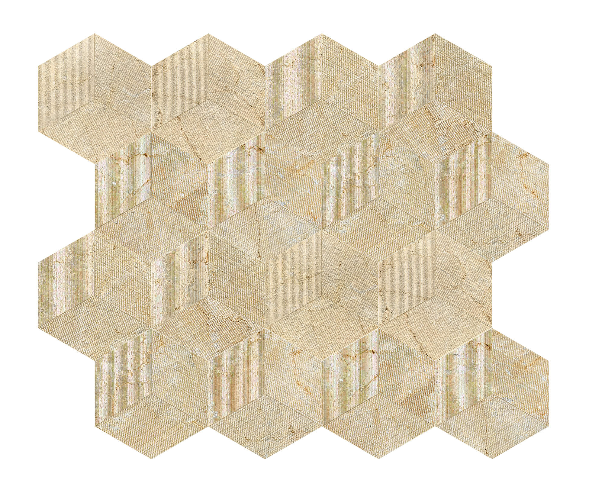 Geometric layout of Amber Gold natural marble hexagon tiles creating a seamless 3D fluted cube visual wall pattern.