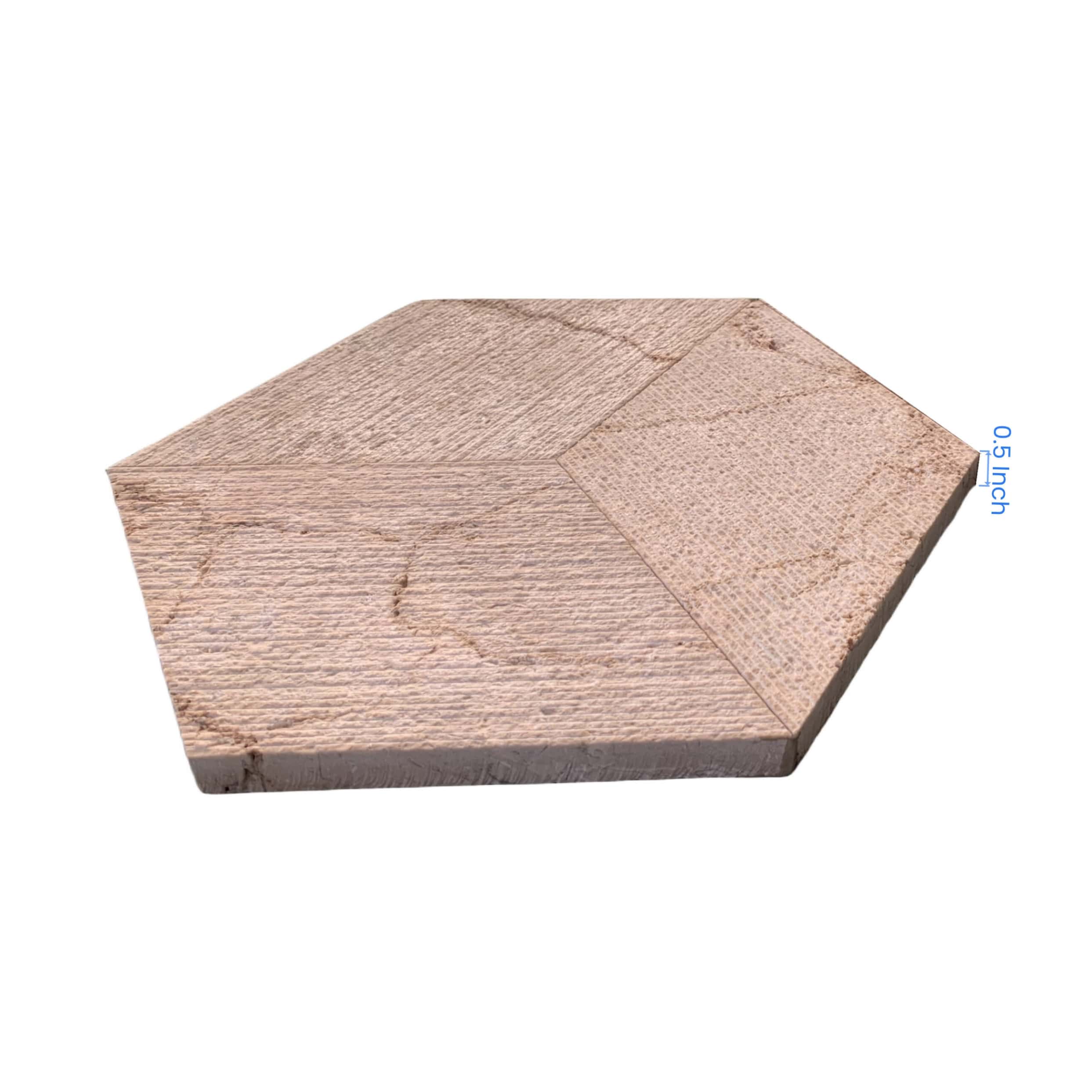 Angled side profile of an Amber Gold natural marble hexagon tile highlighting the solid 0.5 inch thickness profile.