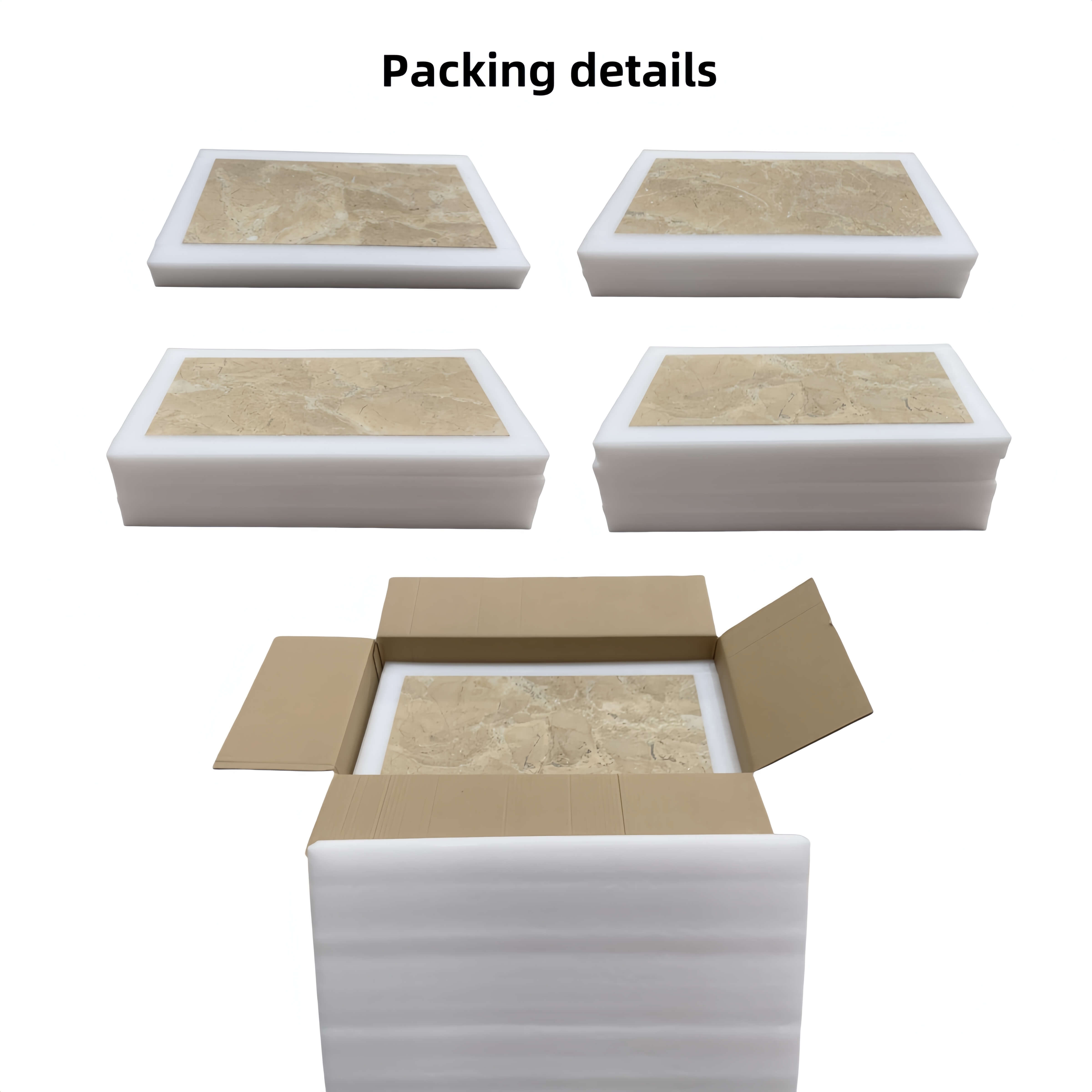 Detailed internal view of the 12x24 Amber Gold honed marble tile packaging, showing protective foam layers between tiles.