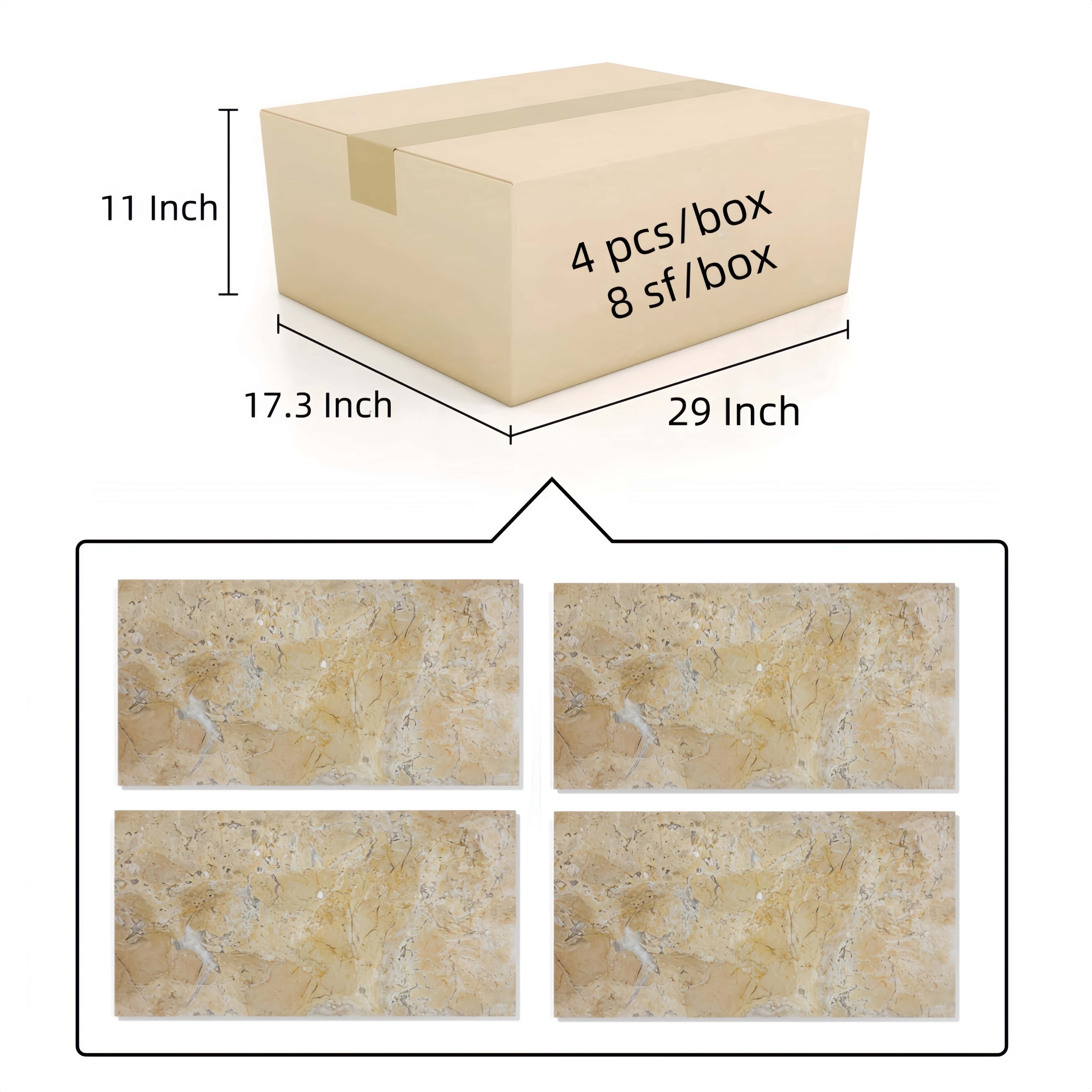 Overview of the 12x24 Amber Gold honed marble tile packaging, showing the box dimensions, contents count, and square footage.