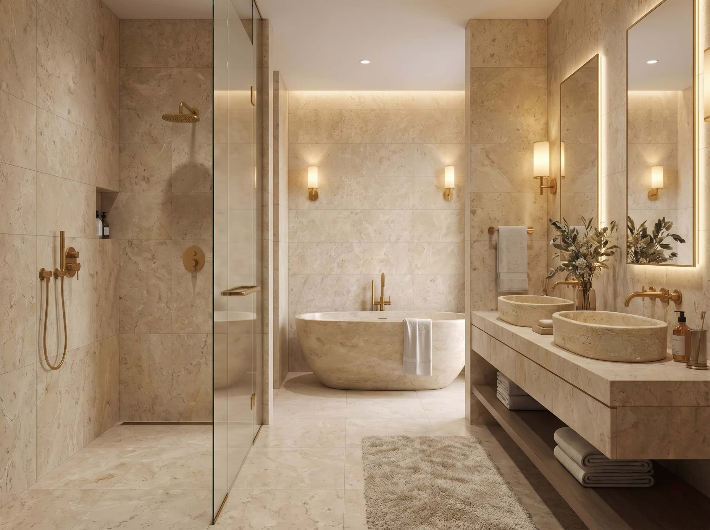 Bathroom wall and floor paved in 12x24 Amber Gold honed marble tiles, paired with polished oval double sinks.