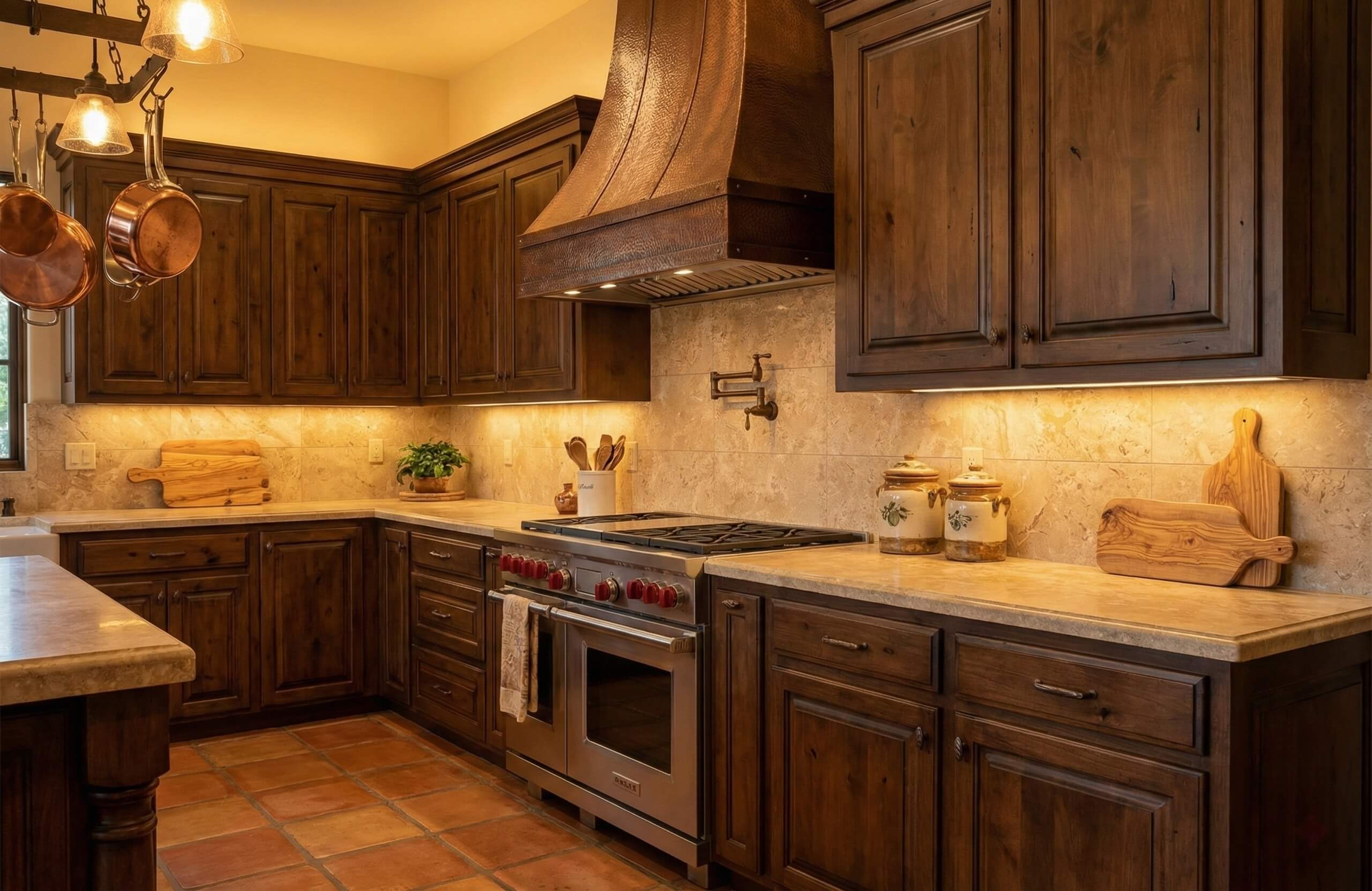 12x24 Amber Gold honed marble backsplash tiles installed in a rustic kitchen with warm wooden cabinets.