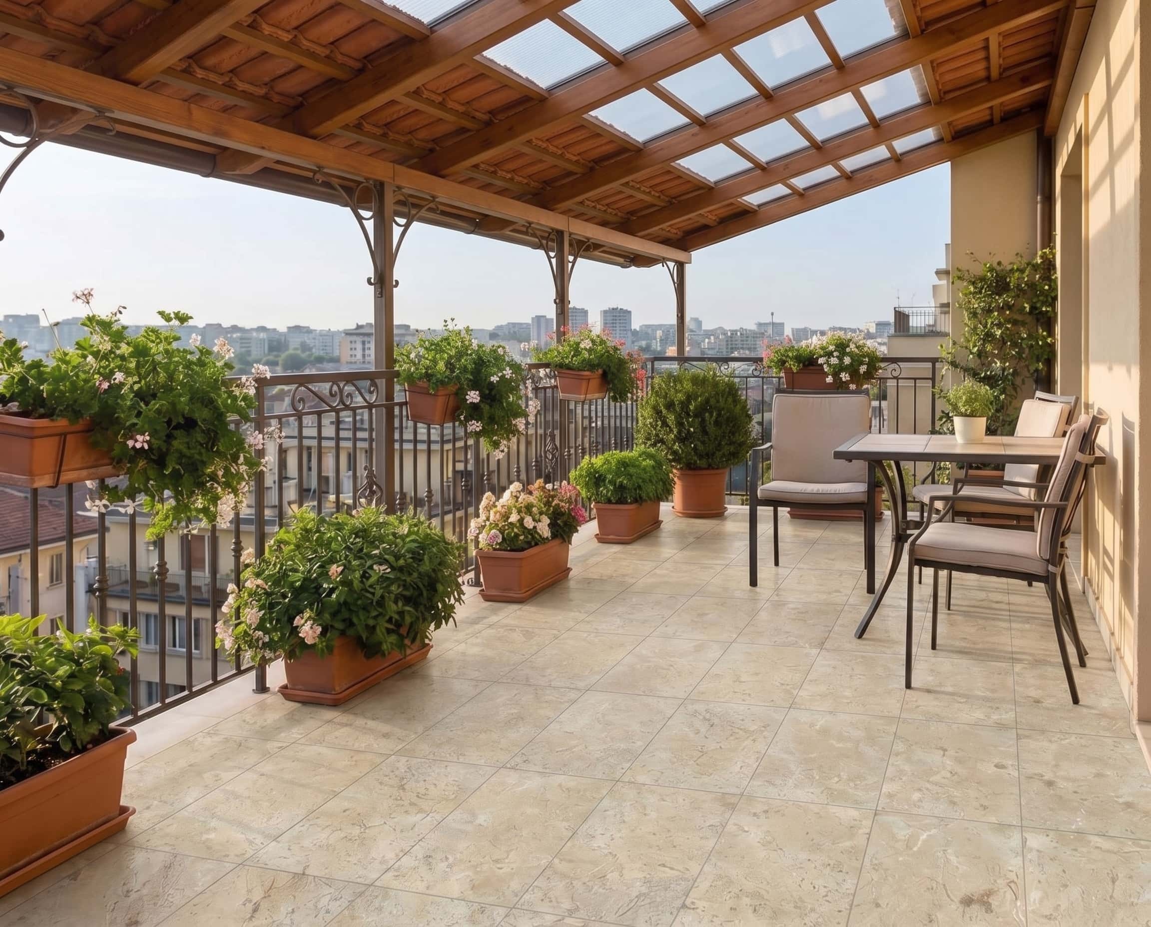 Covered balcony terrace floor featuring 12x24 Amber Gold honed marble tiles paired with potted plants and seating.