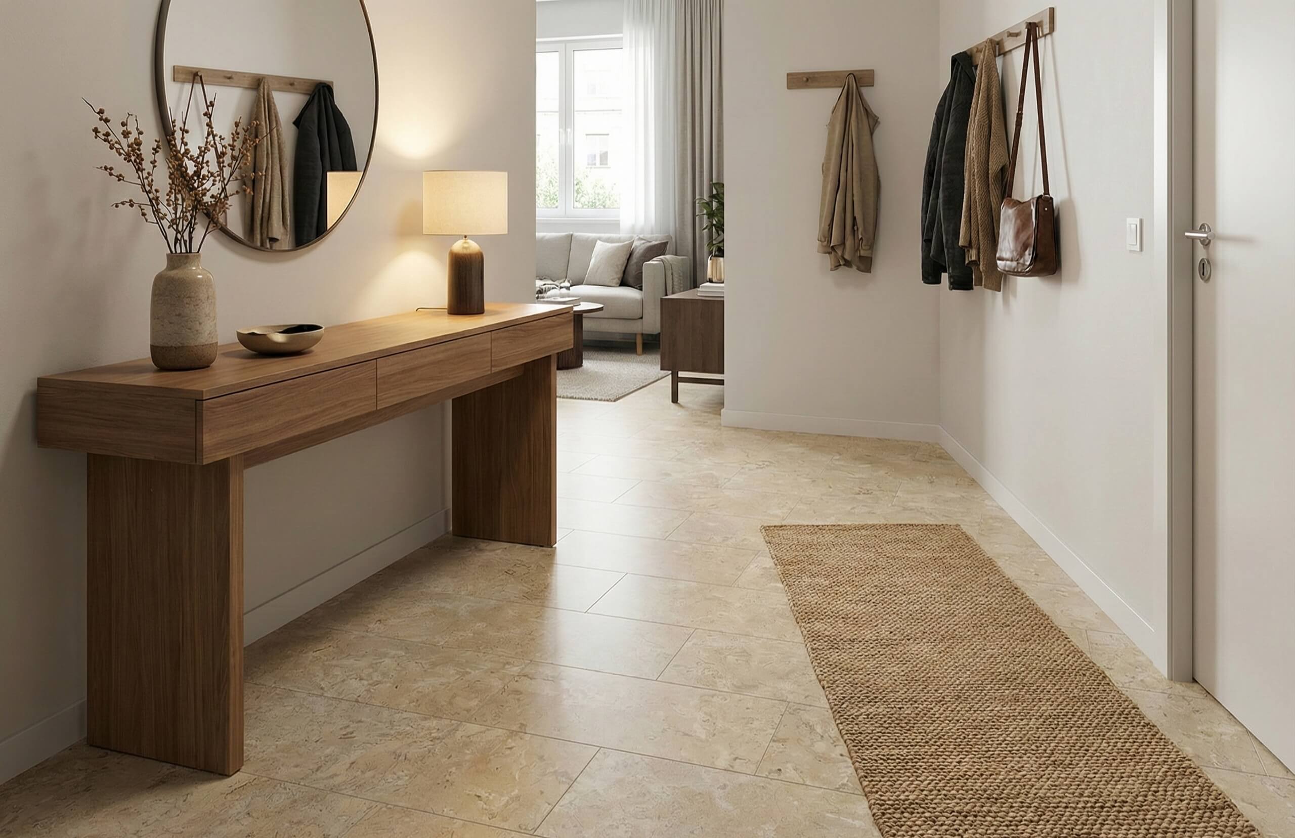 Modern home entryway floor installed with 12x24 Amber Gold honed marble tiles, wooden console, and round mirror.