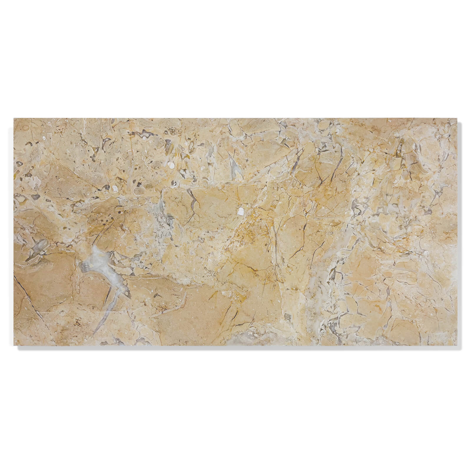 Single 12x24 inch Amber Gold honed marble tile, showcasing unique golden veining against a white background.