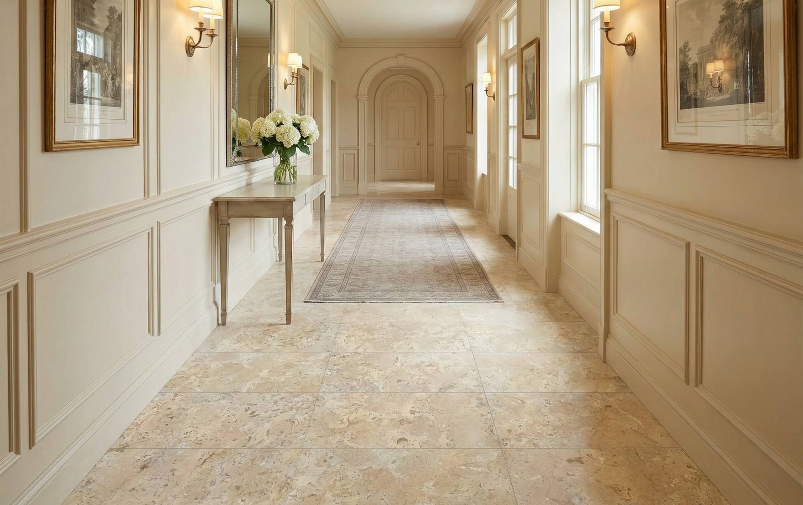 Elegant residential hallway with 12x24 Amber Gold honed marble floor tiles, classical wall paneling, and decor.