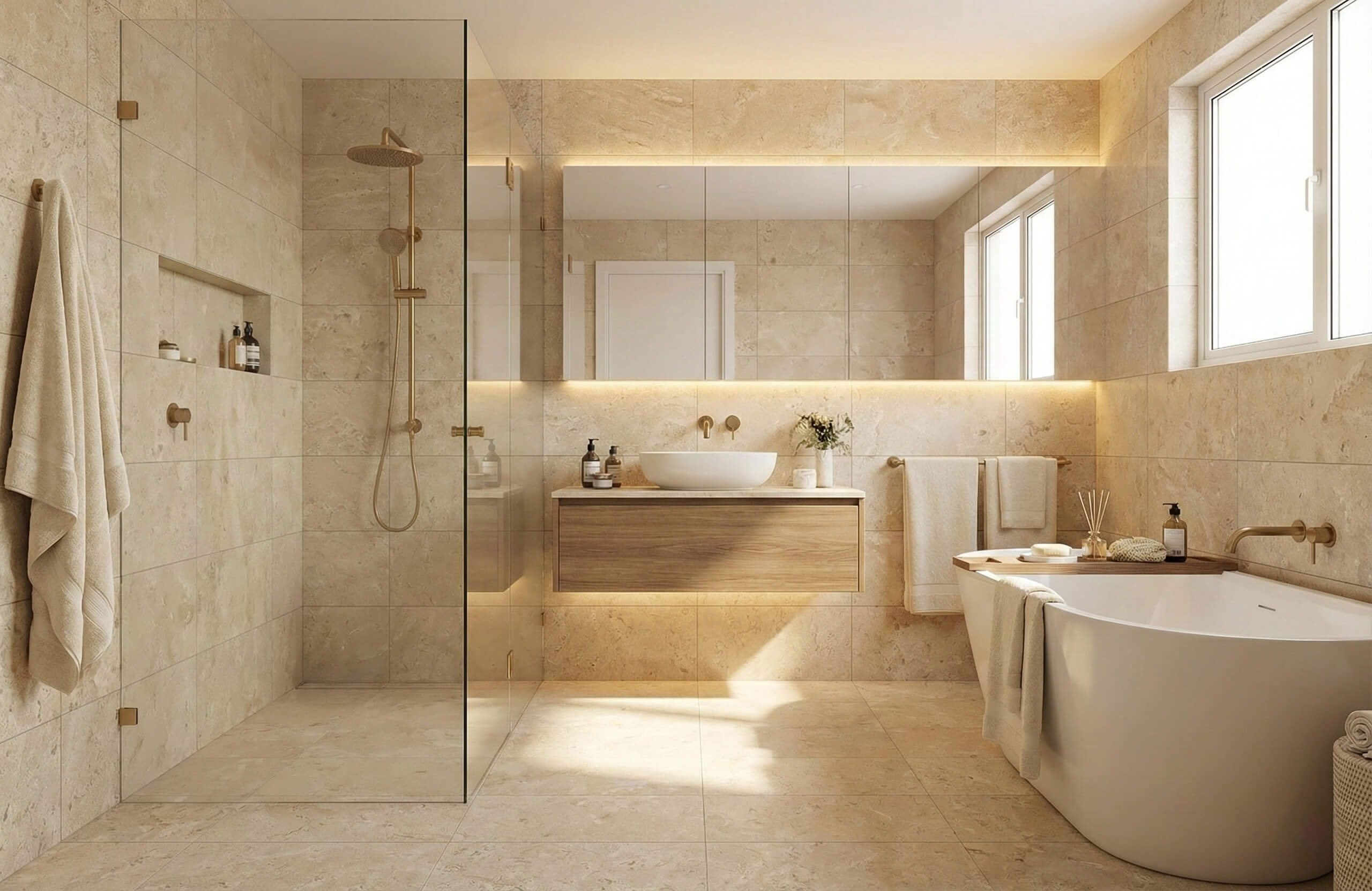 Contemporary bathroom interior with 12x24 Amber Gold honed marble tiles covering shower walls and floor area.